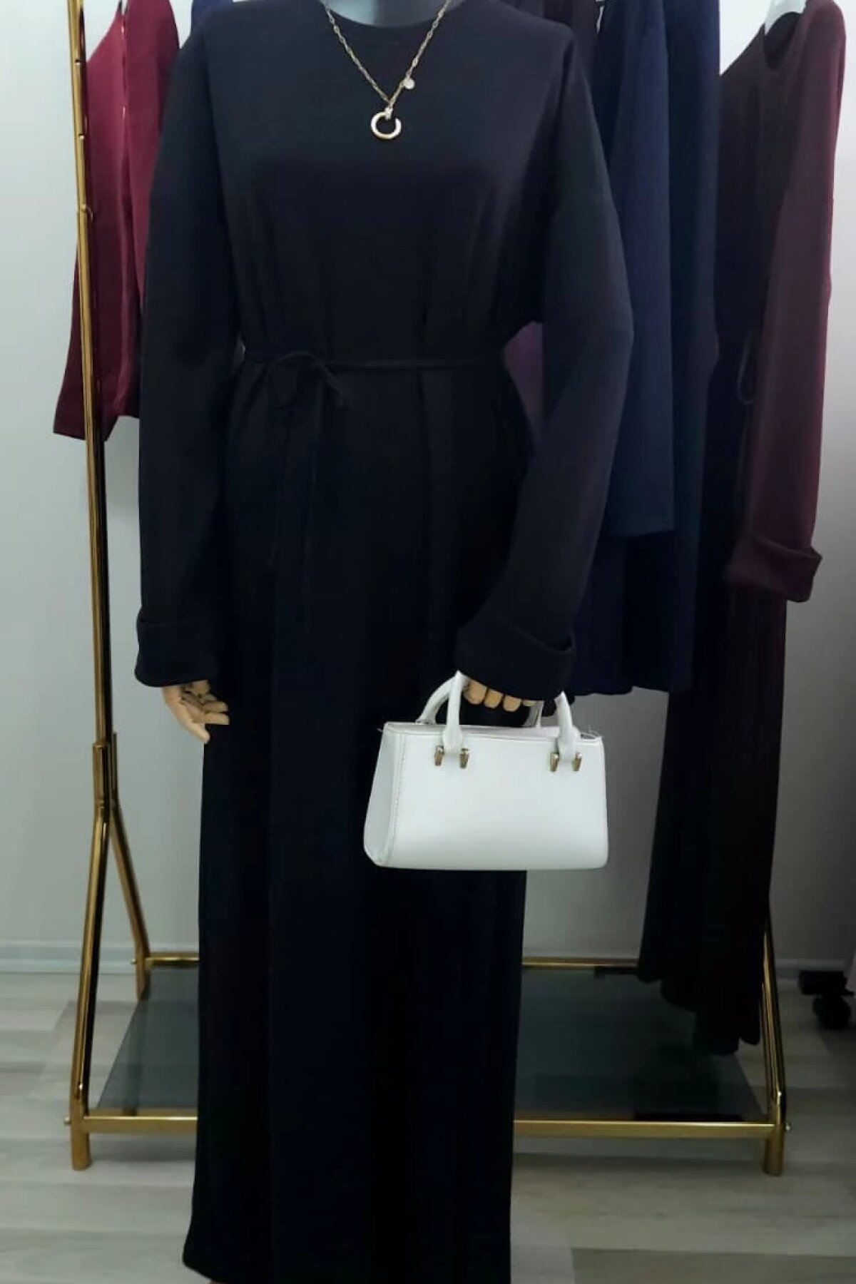Siyah Oysho Kumaş Bisiklet Yaka Kuşaklı Elbise - Dimar Butik
