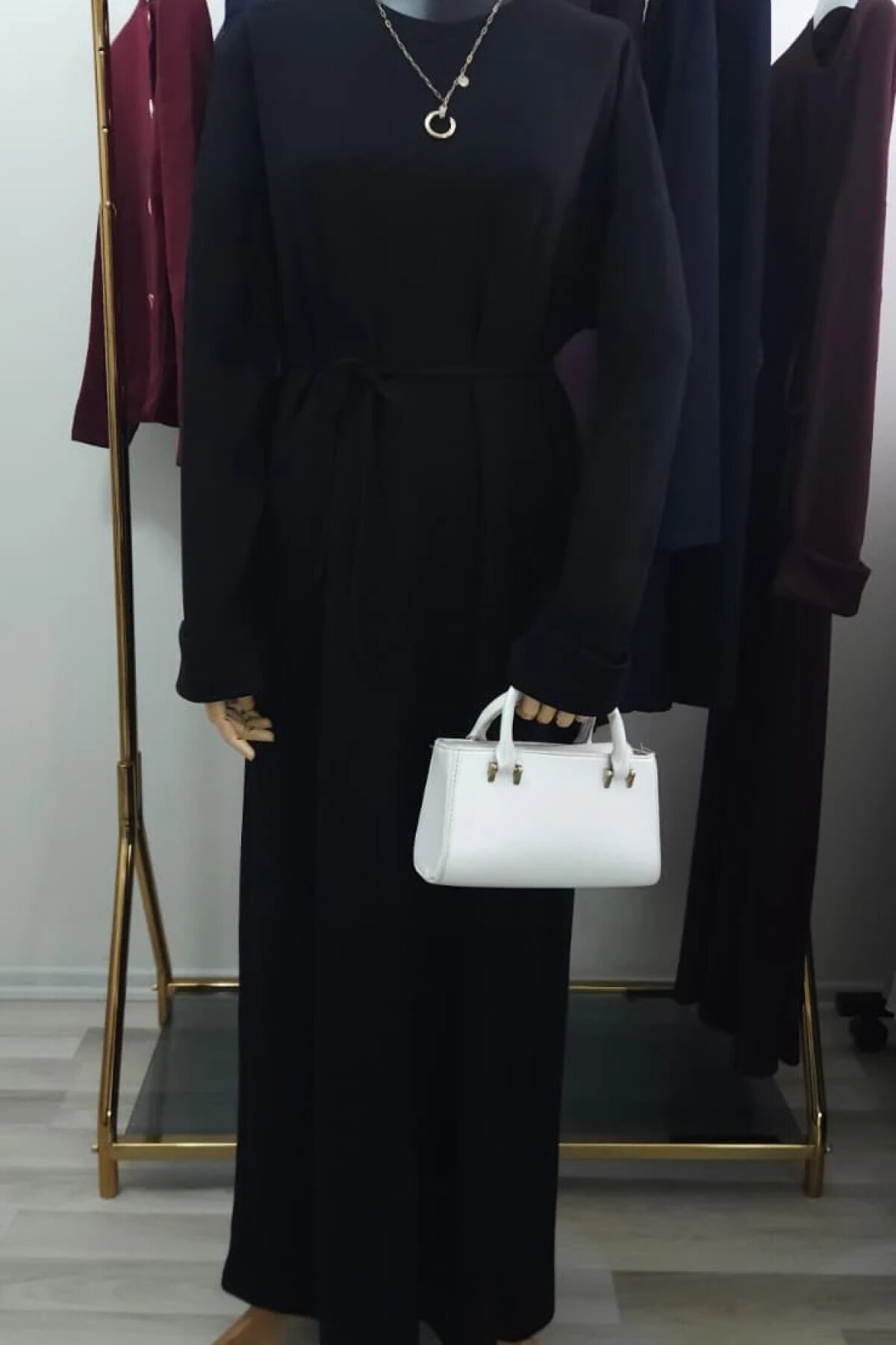 Siyah Oysho Kumaş Bisiklet Yaka Kuşaklı Elbise - Dimar Butik