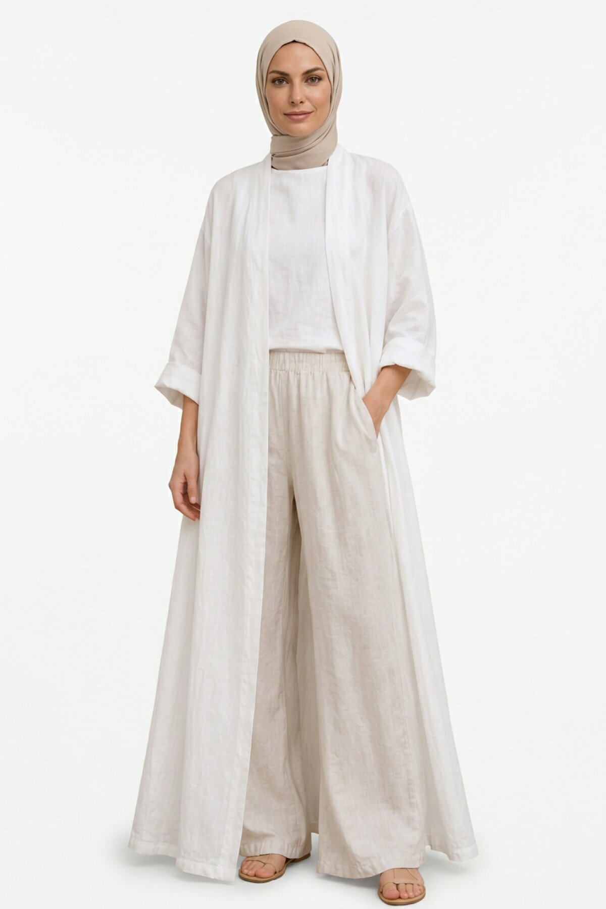 Beyaz Bohemian Uzun Cepsiz Keten Kaftan & Kap - EREN STYLE