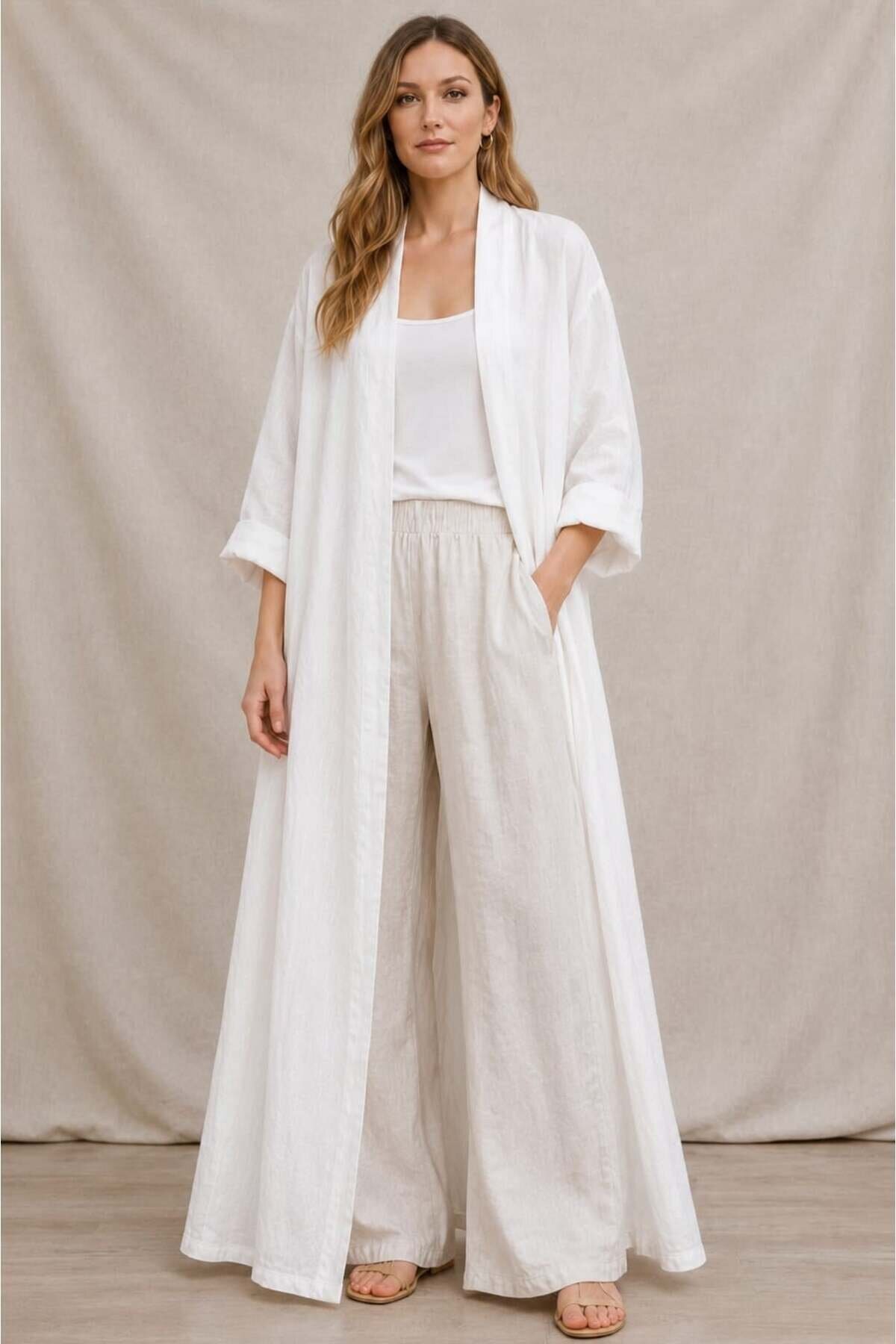 Beyaz Bohemian Uzun Cepsiz Keten Kaftan & Kap - EREN STYLE
