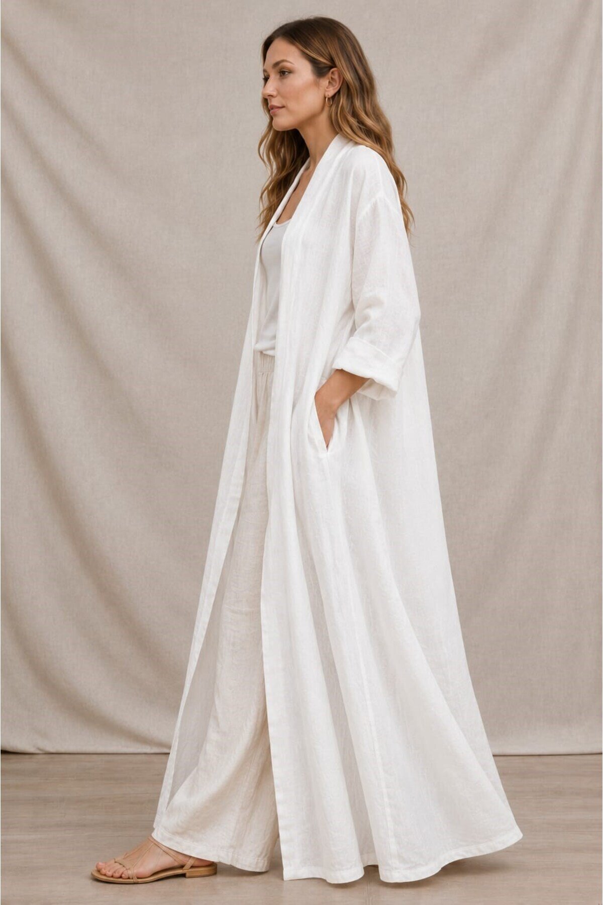 Beyaz Bohemian Uzun Cepsiz Keten Kaftan & Kap - EREN STYLE