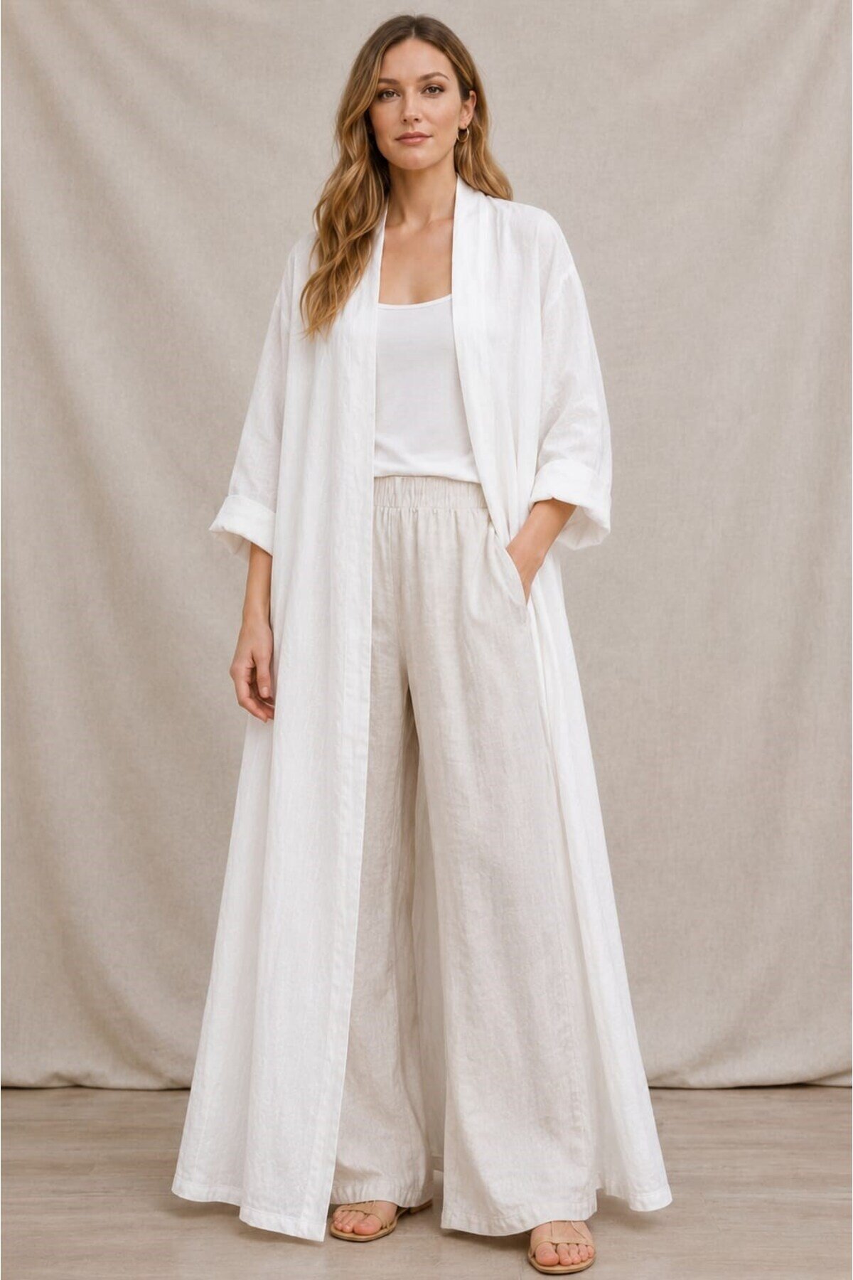 Beyaz Bohemian Uzun Cepsiz Keten Kaftan & Kap - EREN STYLE