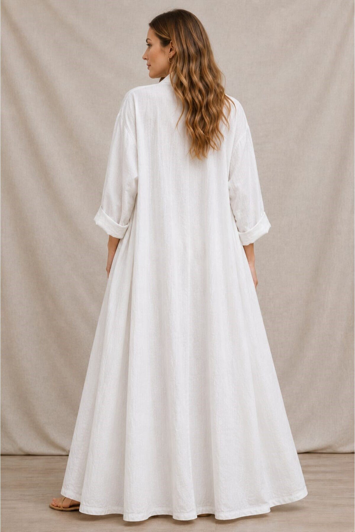 Beyaz Bohemian Uzun Cepsiz Keten Kaftan & Kap - EREN STYLE