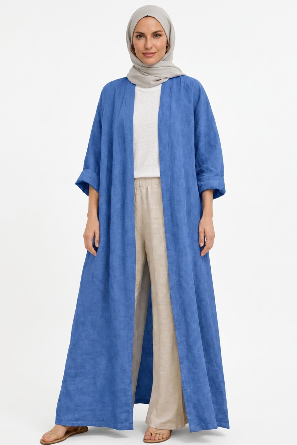 İndigo Mavi Bohemian Uzun Cepsiz Keten Kaftan & Kap - EREN STYLE