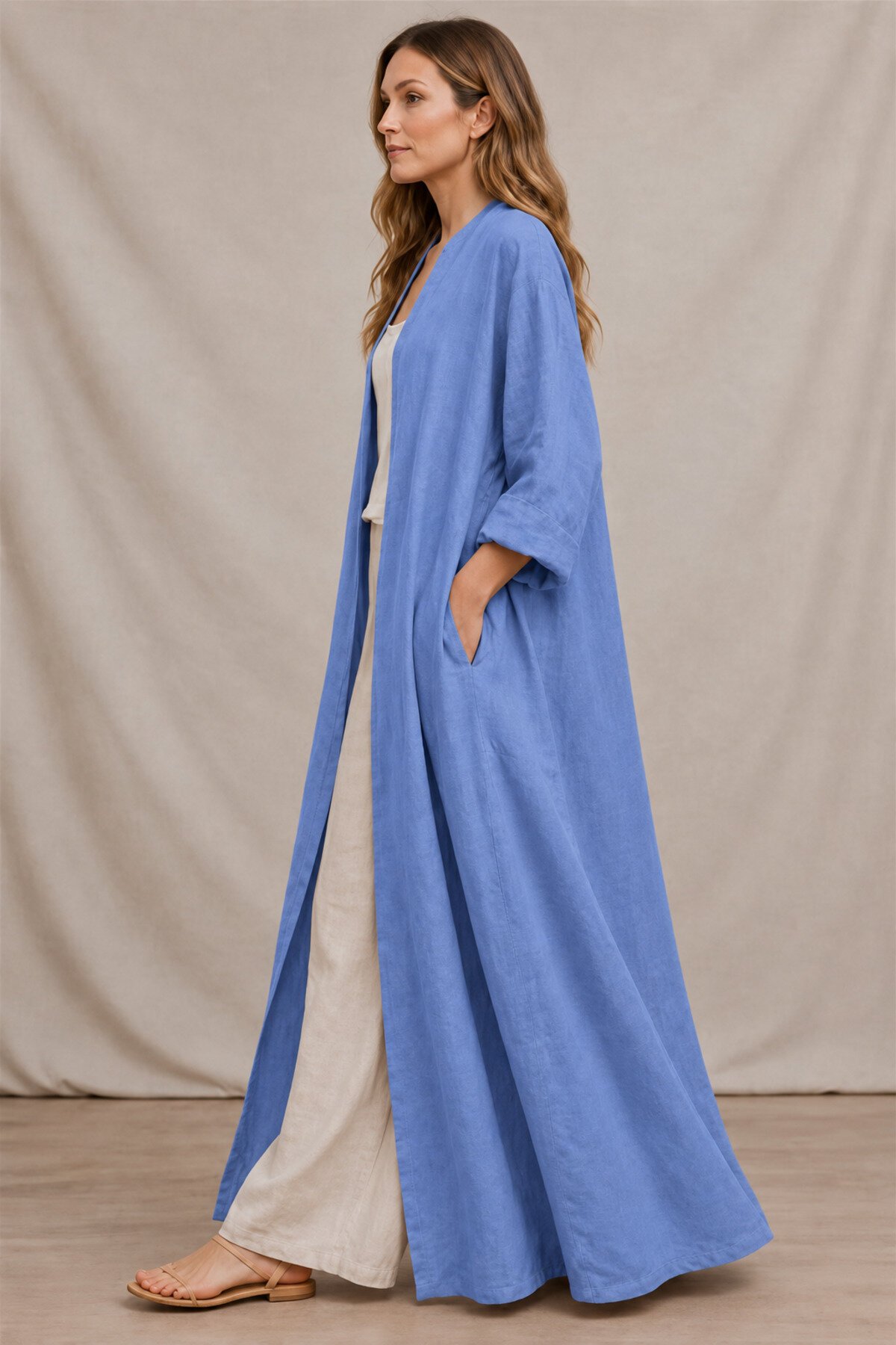 İndigo Mavi Bohemian Uzun Cepsiz Keten Kaftan & Kap - EREN STYLE