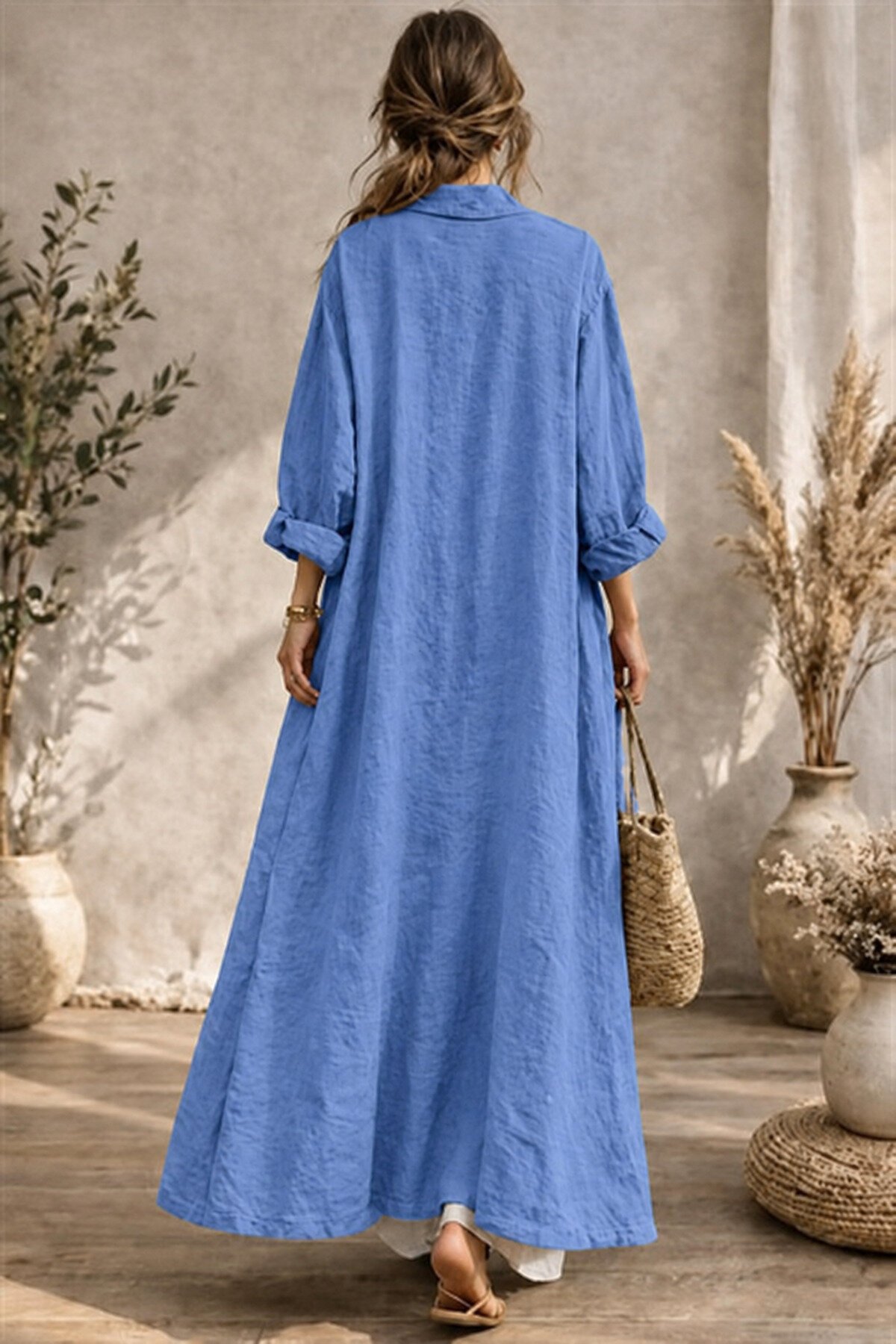 İndigo Mavi Bohemian Uzun Cepsiz Keten Kaftan & Kap - EREN STYLE