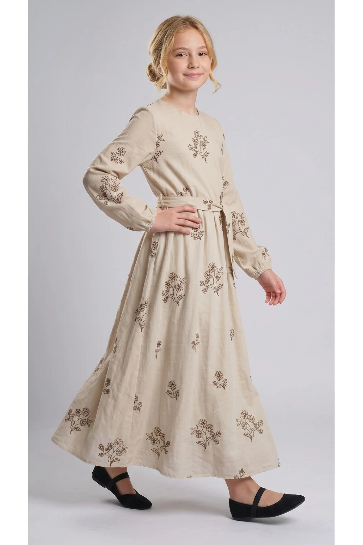 Belted Appliqué Occasion Girls' Dress - Beige - Pafim Kids