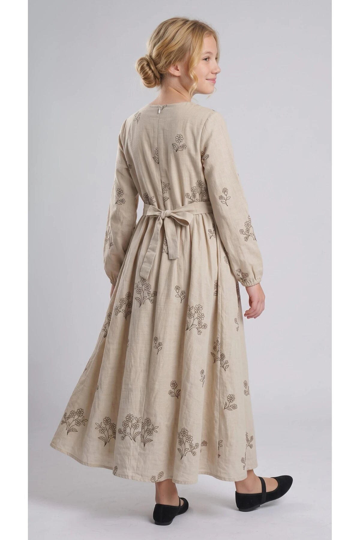 Belted Appliqué Occasion Girls' Dress - Beige - Pafim Kids