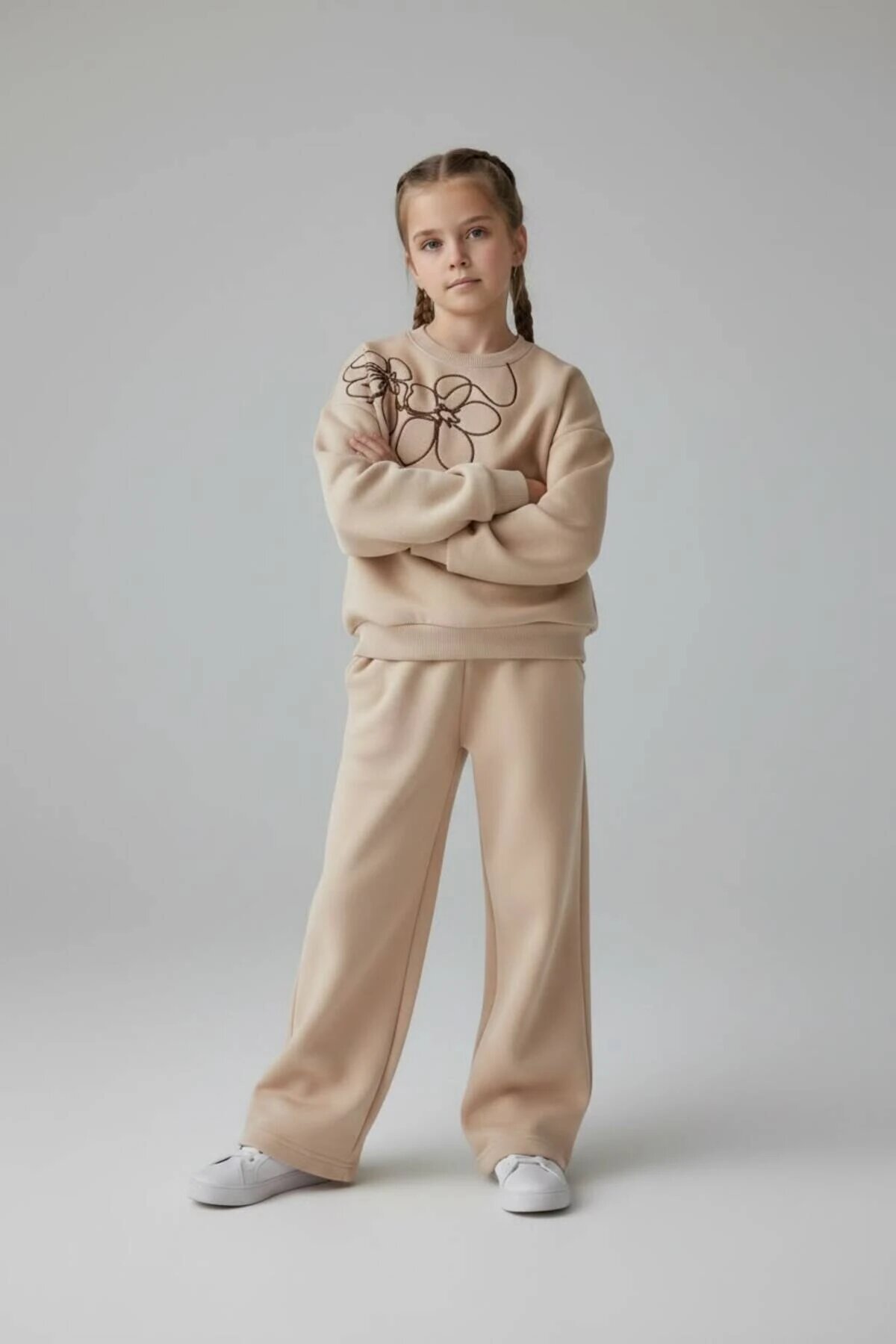 Floral Embroidered Elegant Girls' Set - Beige - Pafim Kids