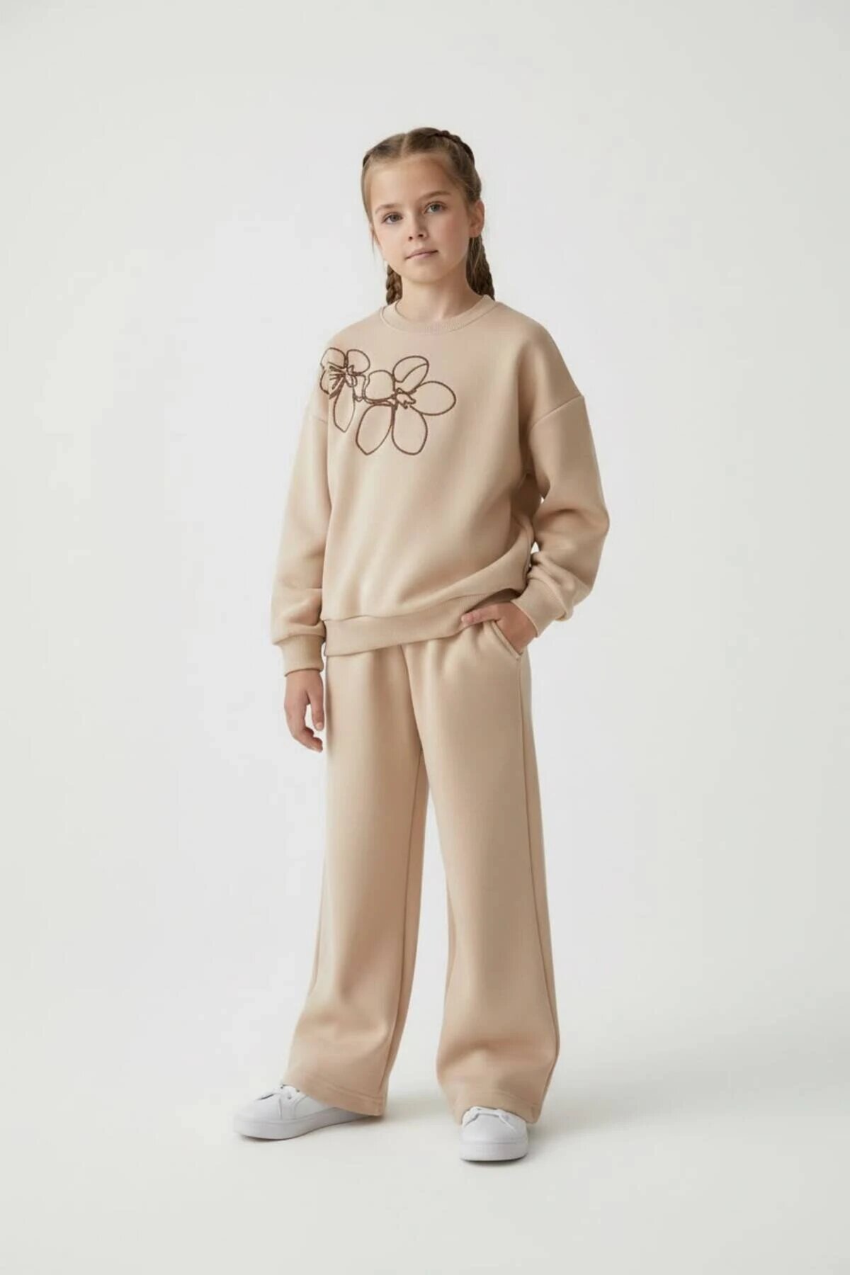 Floral Embroidered Elegant Girls' Set - Beige - Pafim Kids