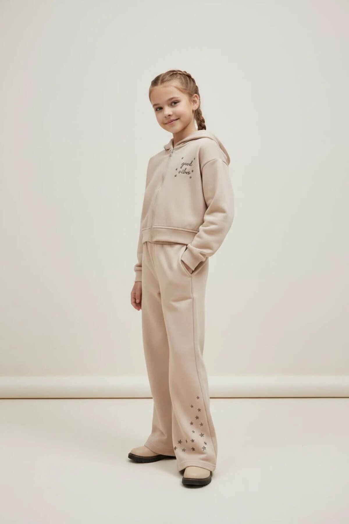 Hooded Star-Embroidered Zippered Tracksuit Girls' Set - Beige - Pafim Kids
