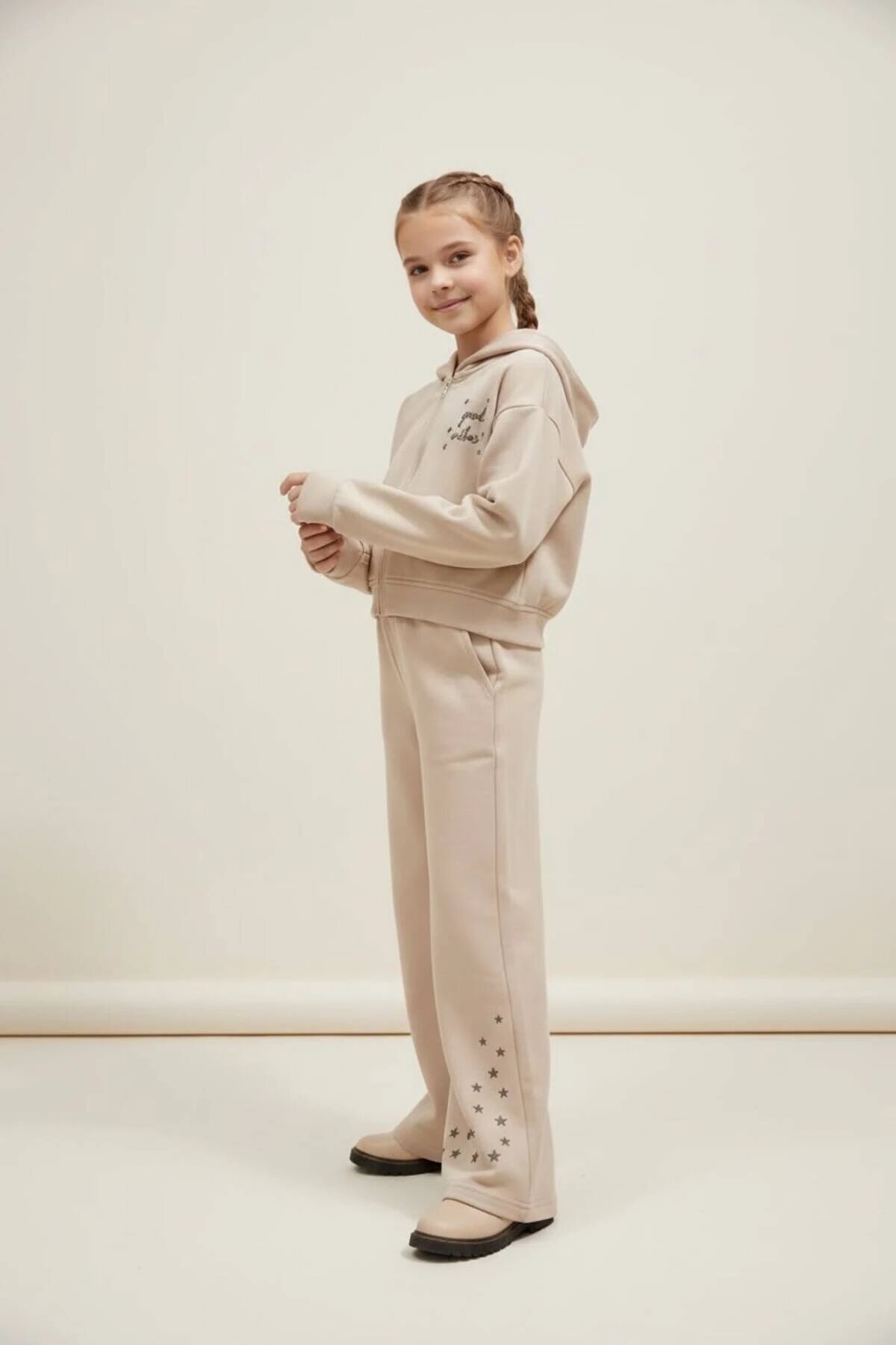 Hooded Star-Embroidered Zippered Tracksuit Girls' Set - Beige - Pafim Kids