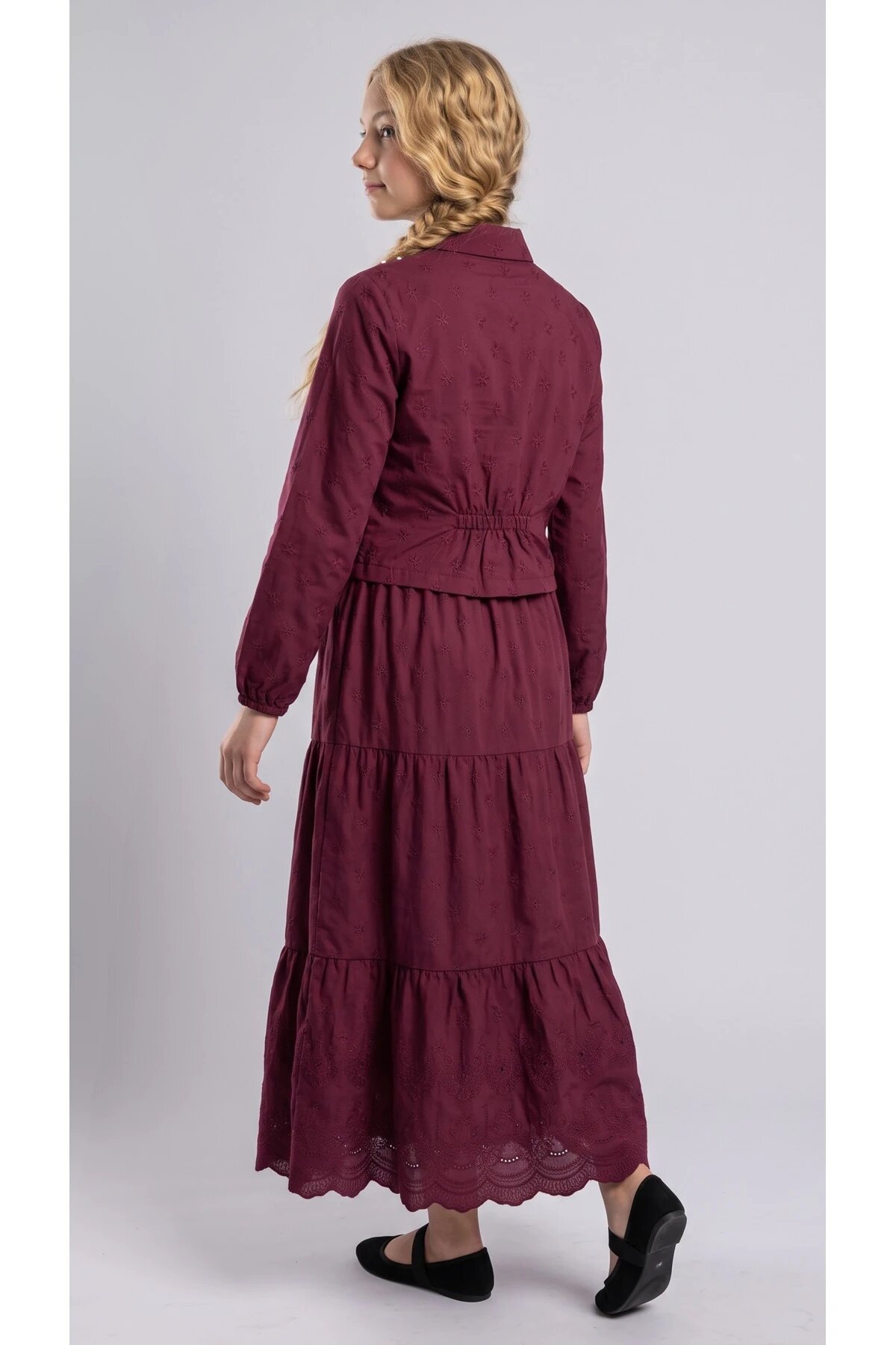 Cotton Broderie Full Pearl Two-Piece Set - Burgundy - Pafim Kids