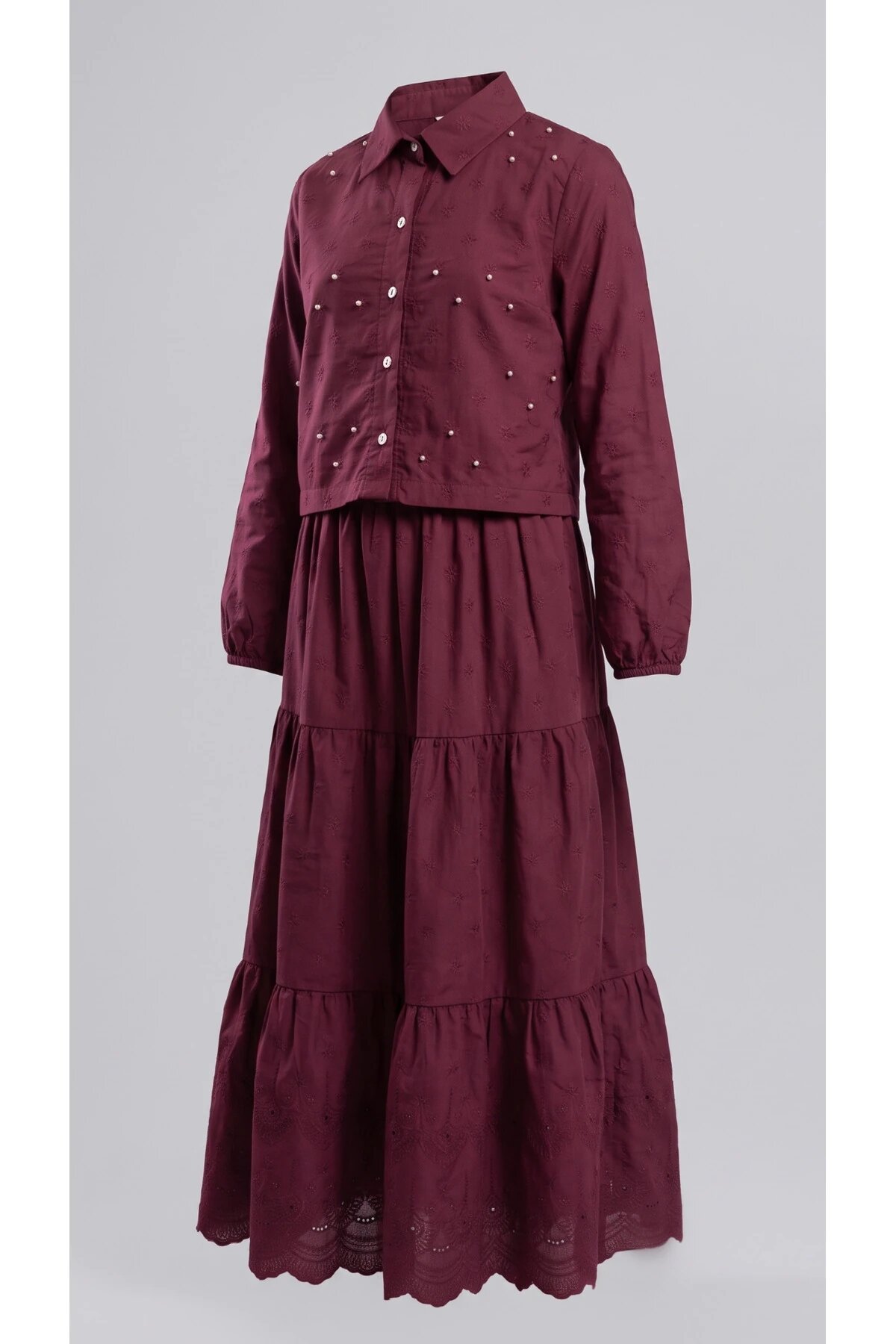 Cotton Broderie Full Pearl Two-Piece Set - Burgundy - Pafim Kids