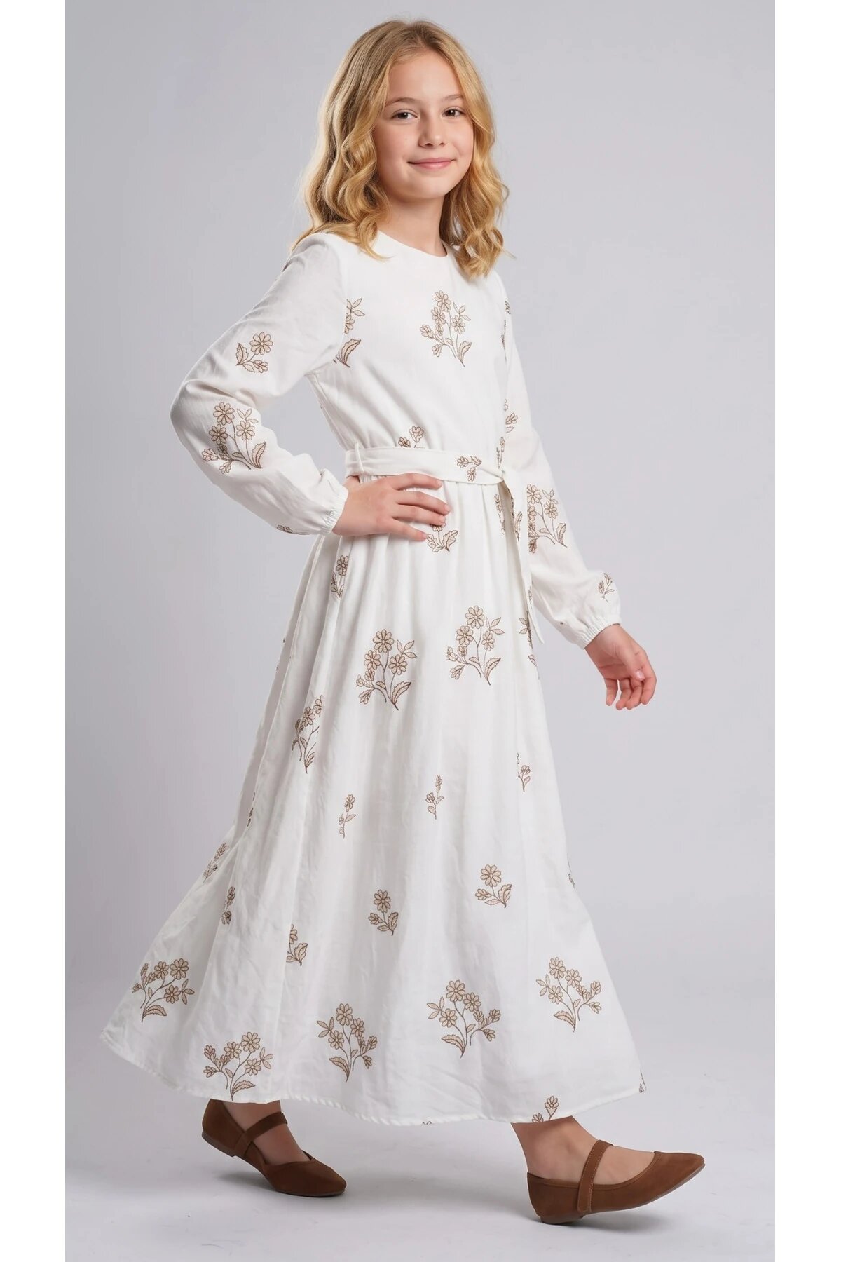Special Occasion Appliqué Belted Girls' Dress - Ecru - Pafim Kids