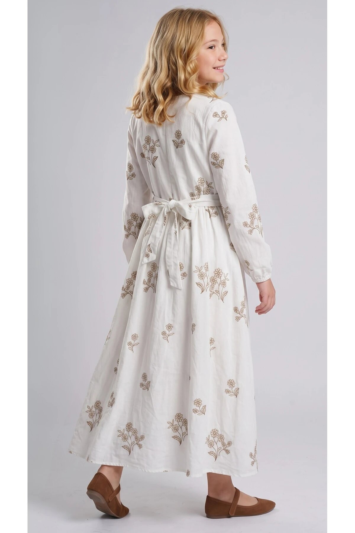 Special Occasion Appliqué Belted Girls' Dress - Ecru - Pafim Kids