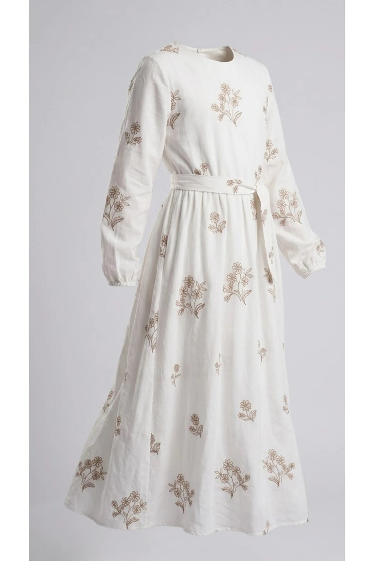 Special Occasion Appliqué Belted Girls' Dress - Ecru - Pafim Kids