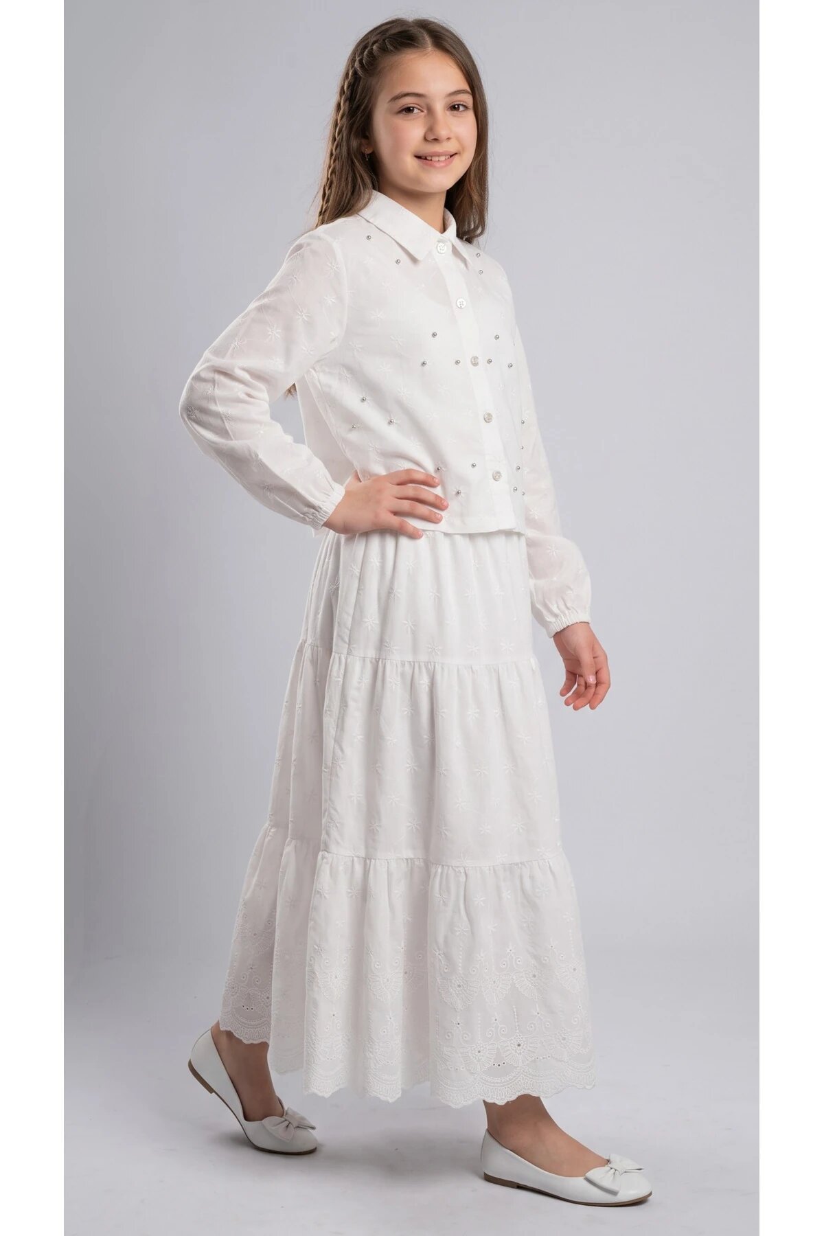 Broderie All-Over Pearl Cotton Girls' Set - Ecru - Pafim Kids