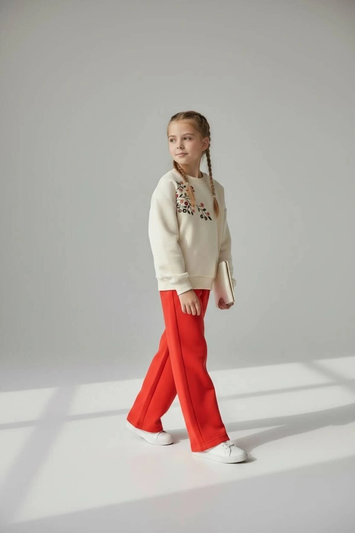 3-Thread Cotton Pomegranate Flower Embroidered Girls' Set - Ecru - Pafim Kids