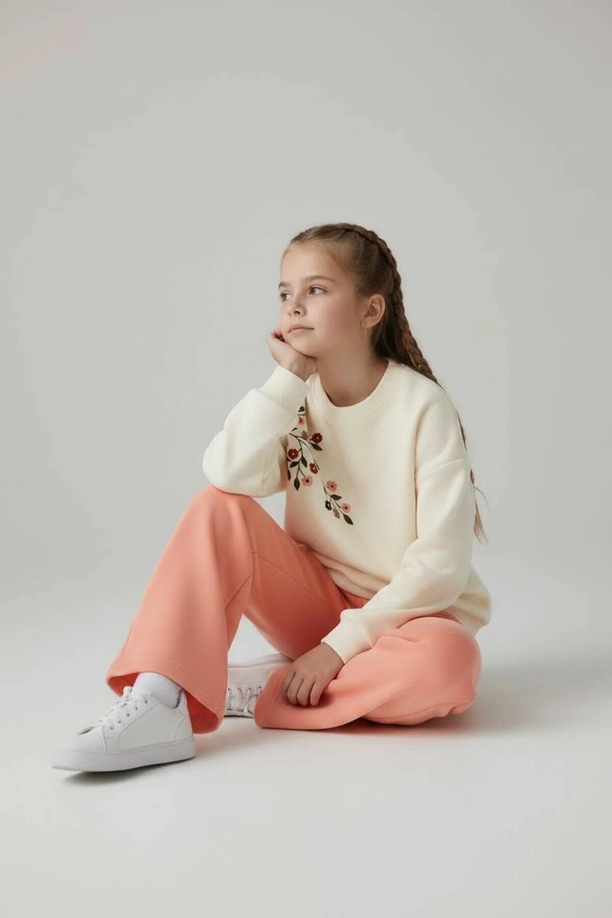 3-Thread Cotton Flower Embroidered Girls' Tracksuit Set - Ecru-Orange - Pafim Kids