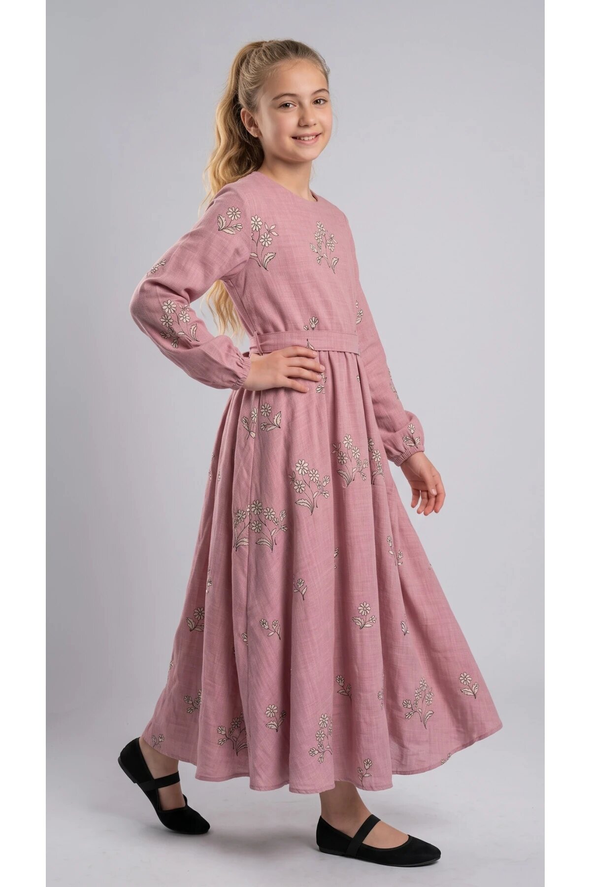 Special Occasion Rose Appliqué Belted Girls' Dress - Pink - Pafim Kids