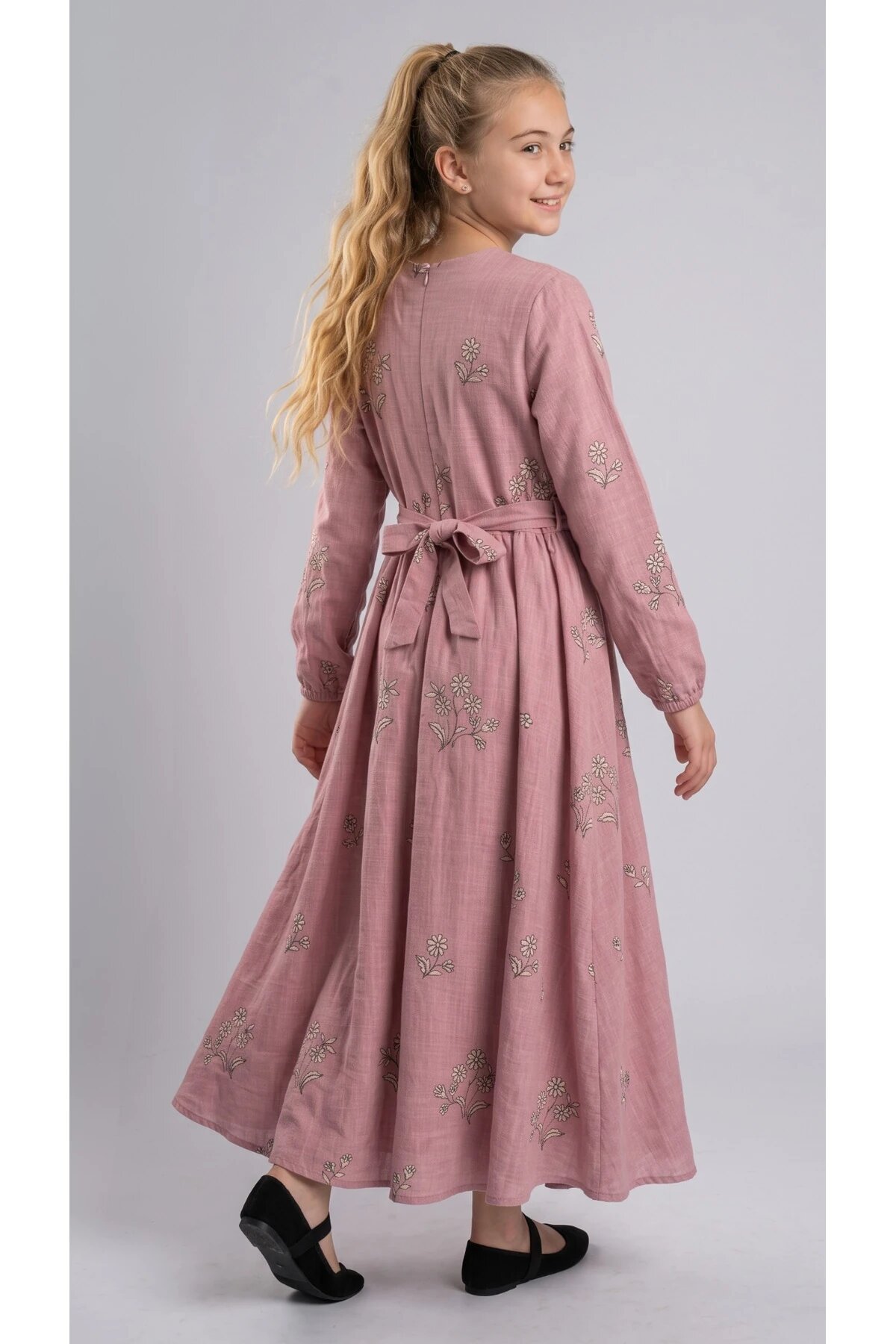 Special Occasion Rose Appliqué Belted Girls' Dress - Pink - Pafim Kids