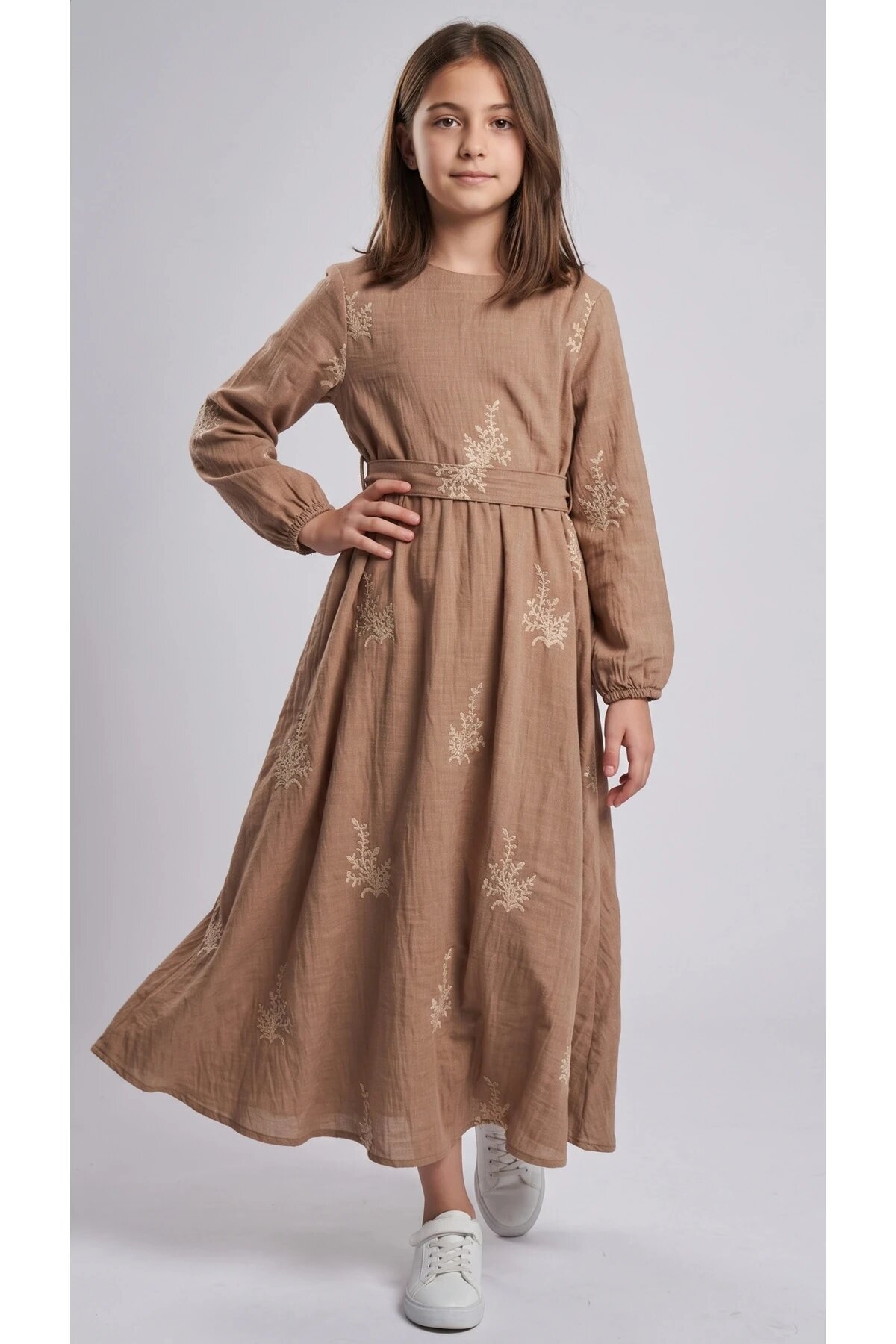 Occasion Embroidered Belted Girls' Dress - Brown - Pafim Kids