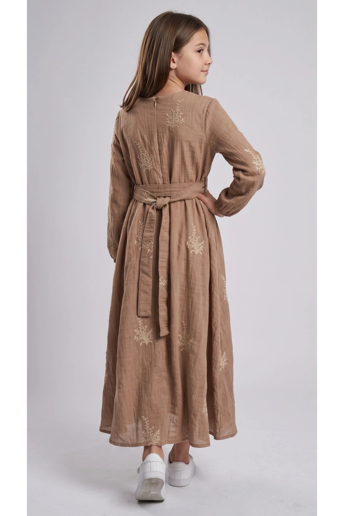 Occasion Embroidered Belted Girls' Dress - Brown - Pafim Kids