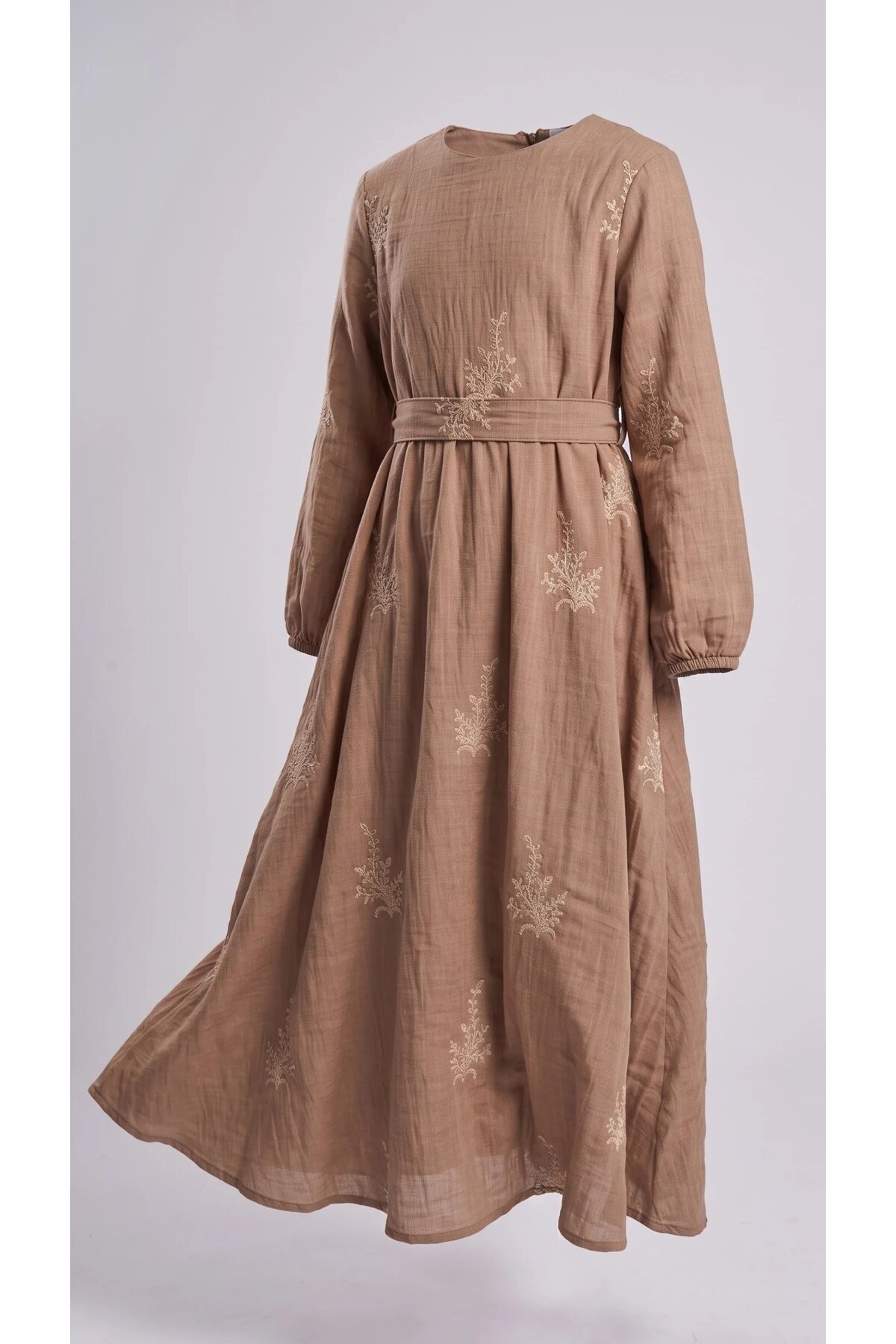 Occasion Embroidered Belted Girls' Dress - Brown - Pafim Kids