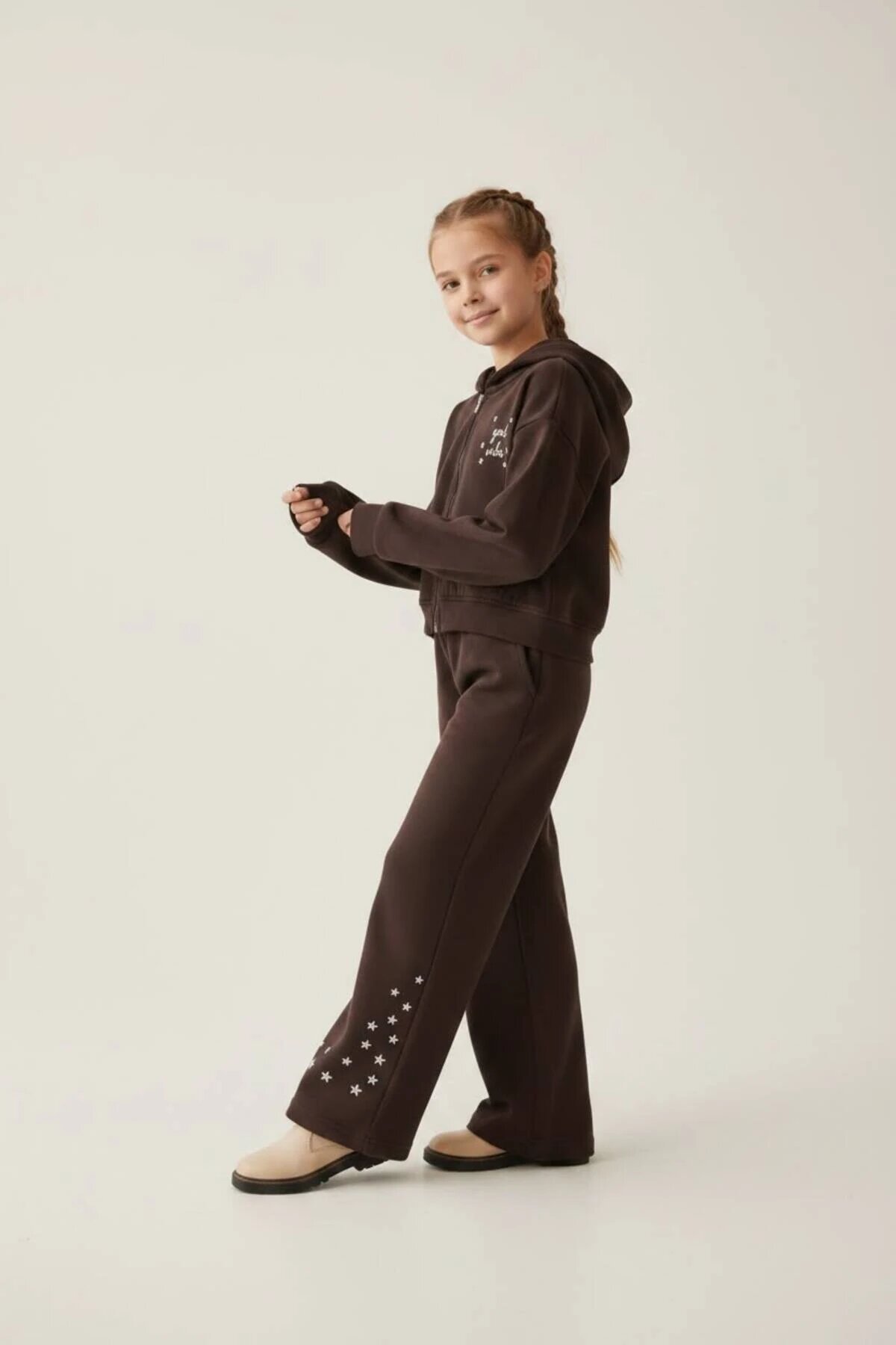 Zipped Hooded Star Embroidered Tracksuit Set - Brown - Pafim Kids