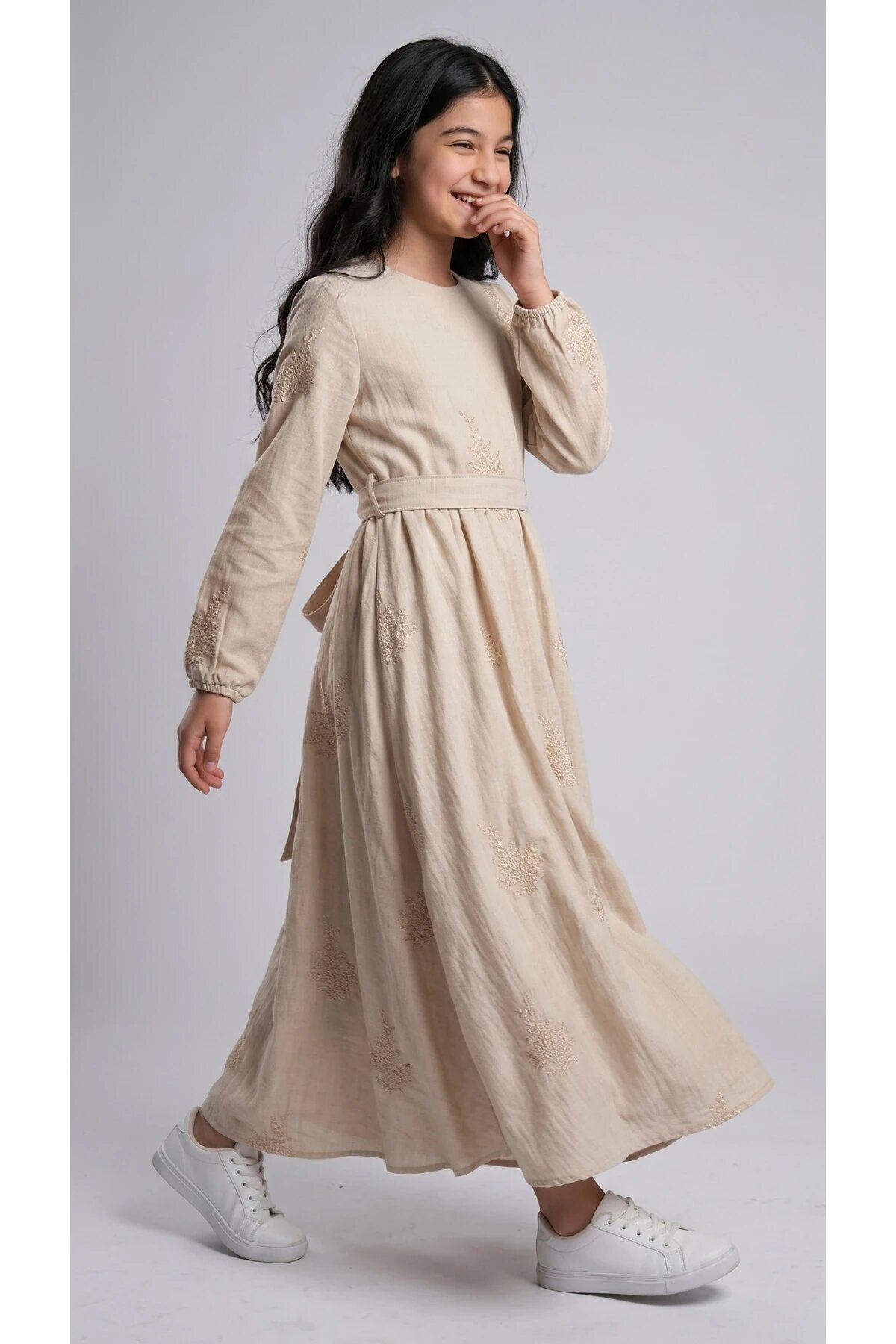 Special Occasion Embroidered Belted Girls' Dress - Cream - Pafim Kids