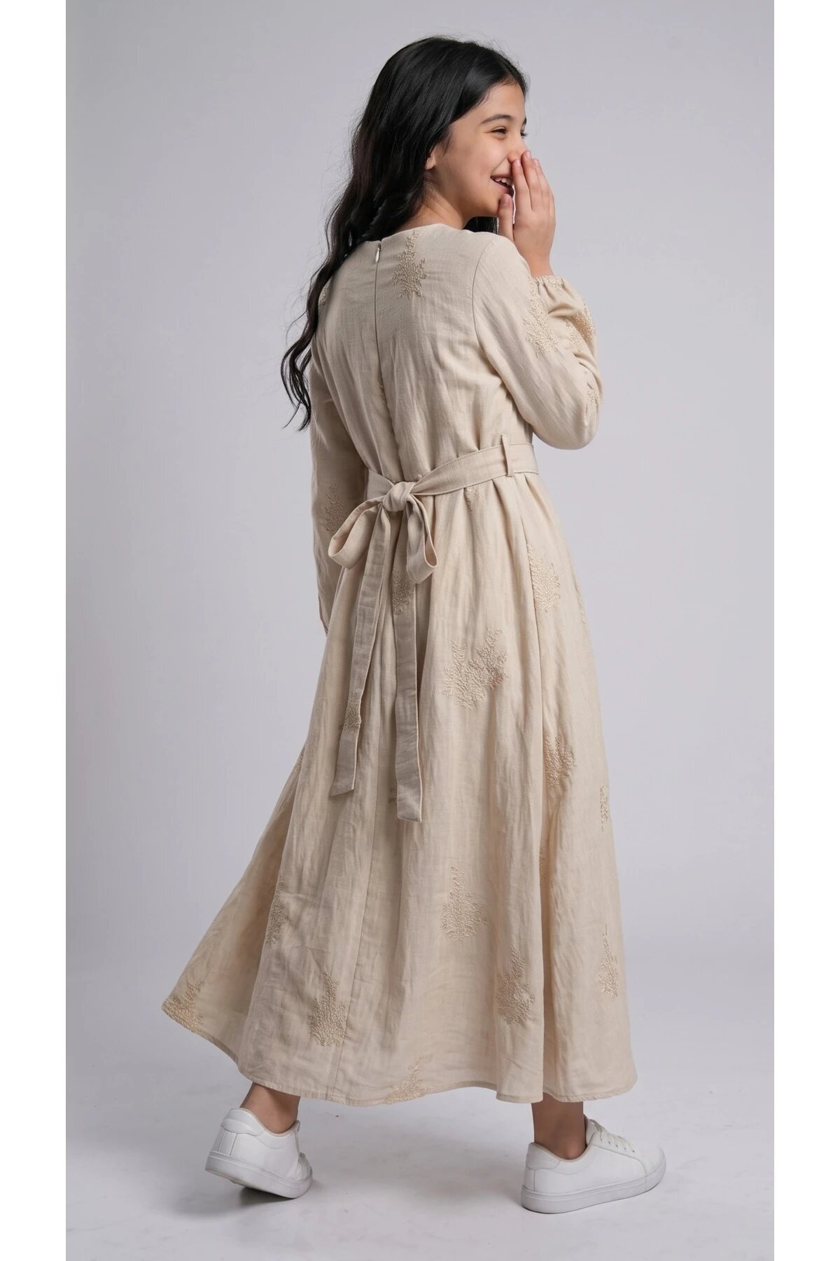 Special Occasion Embroidered Belted Girls' Dress - Cream - Pafim Kids