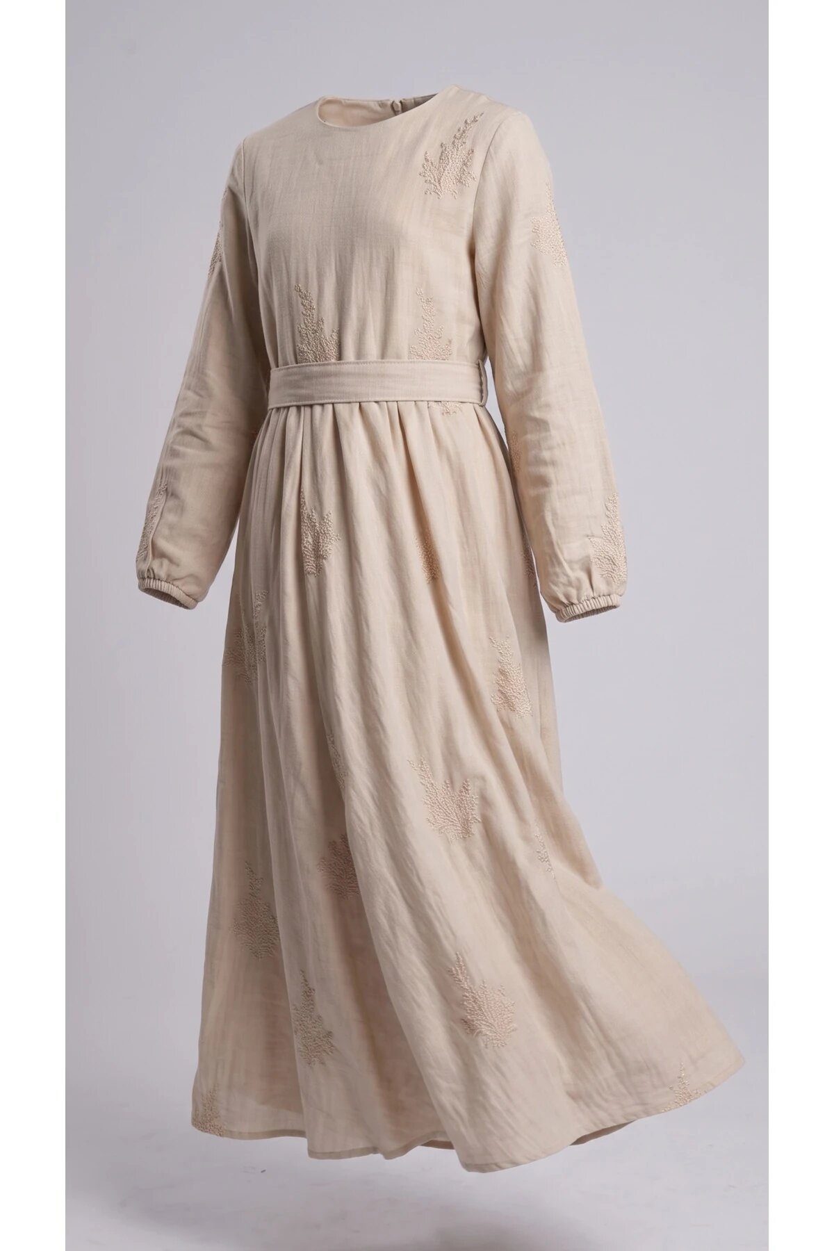 Special Occasion Embroidered Belted Girls' Dress - Cream - Pafim Kids