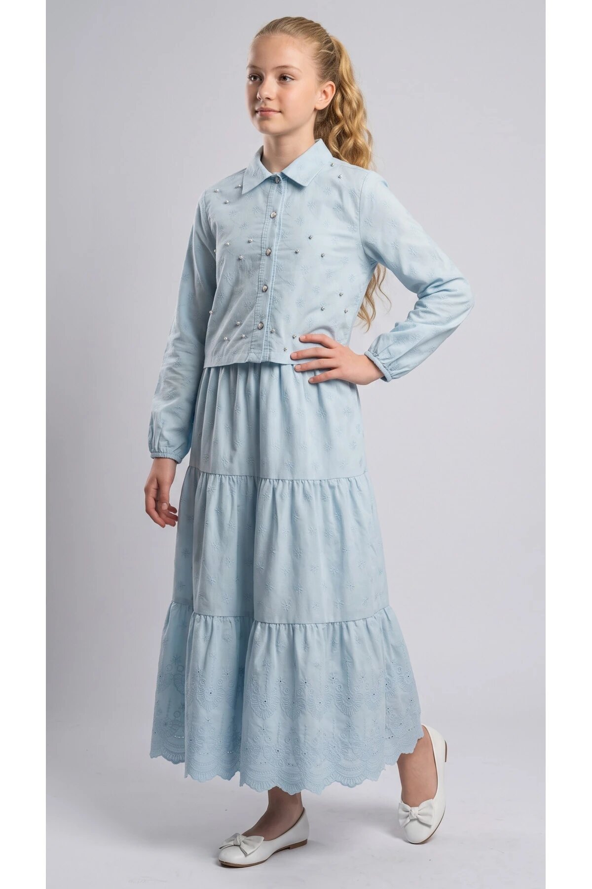 Cotton Broderie Anglaise Pearl Girls' Set - Blue - Pafim Kids