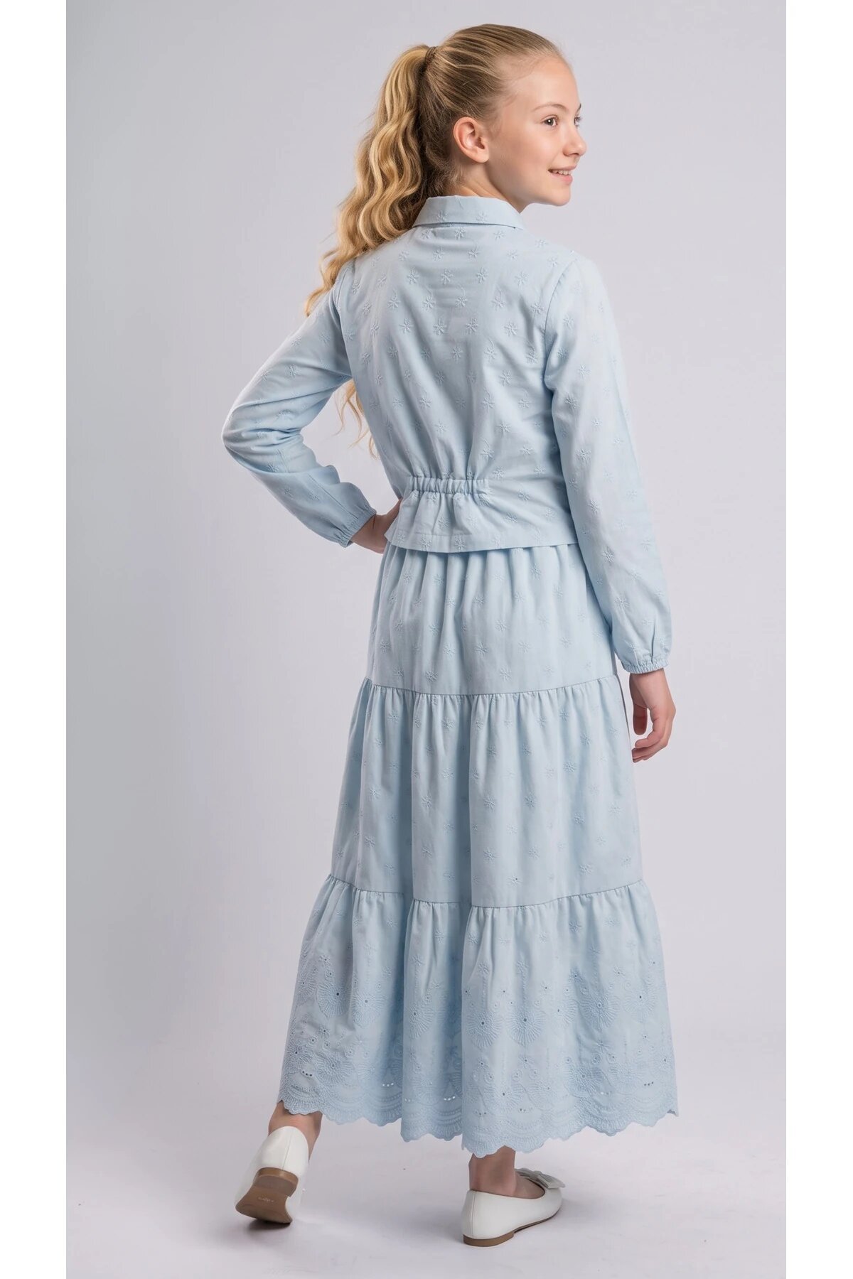 Cotton Broderie Anglaise Pearl Girls' Set - Blue - Pafim Kids