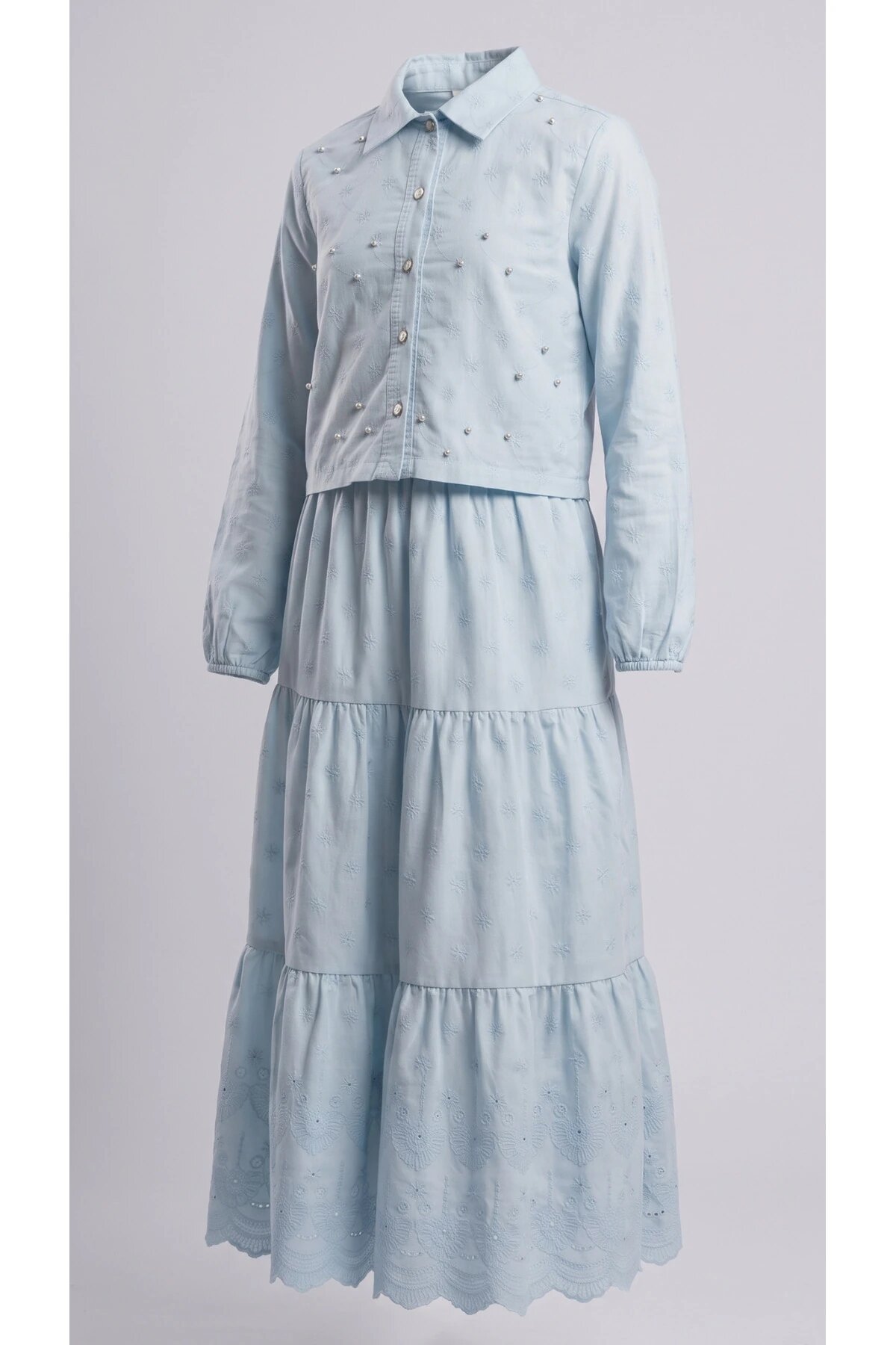 Cotton Broderie Anglaise Pearl Girls' Set - Blue - Pafim Kids