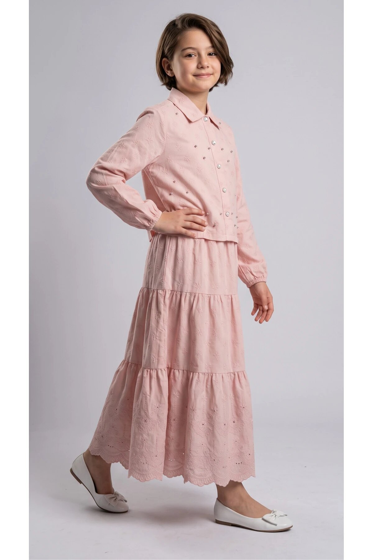 Cotton Broderie Pearl Girls' Set - Powder Pink - Pafim Kids