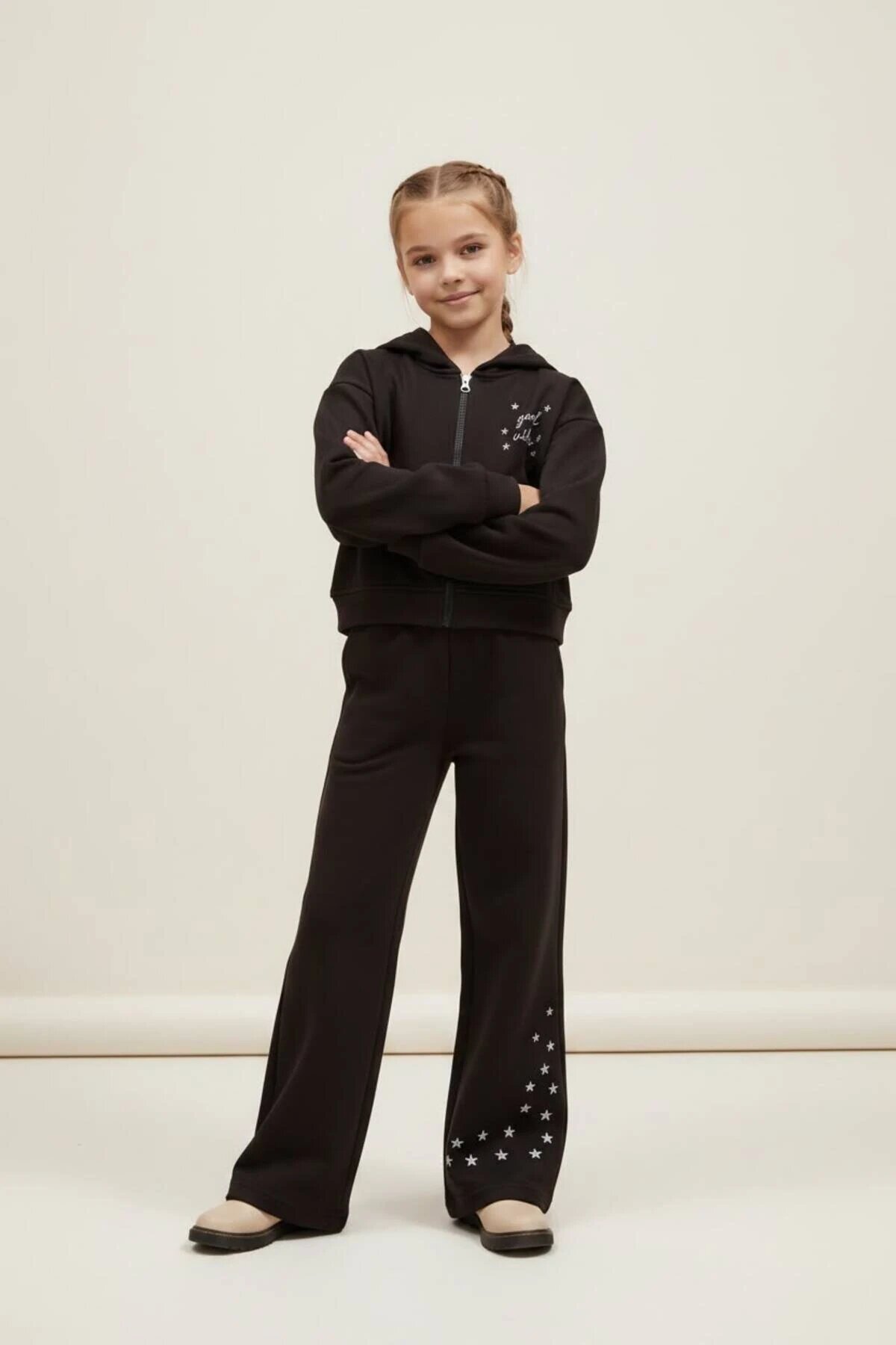 Hooded Star-Embroidered Zip-up Tracksuit Set - Black - Pafim Kids