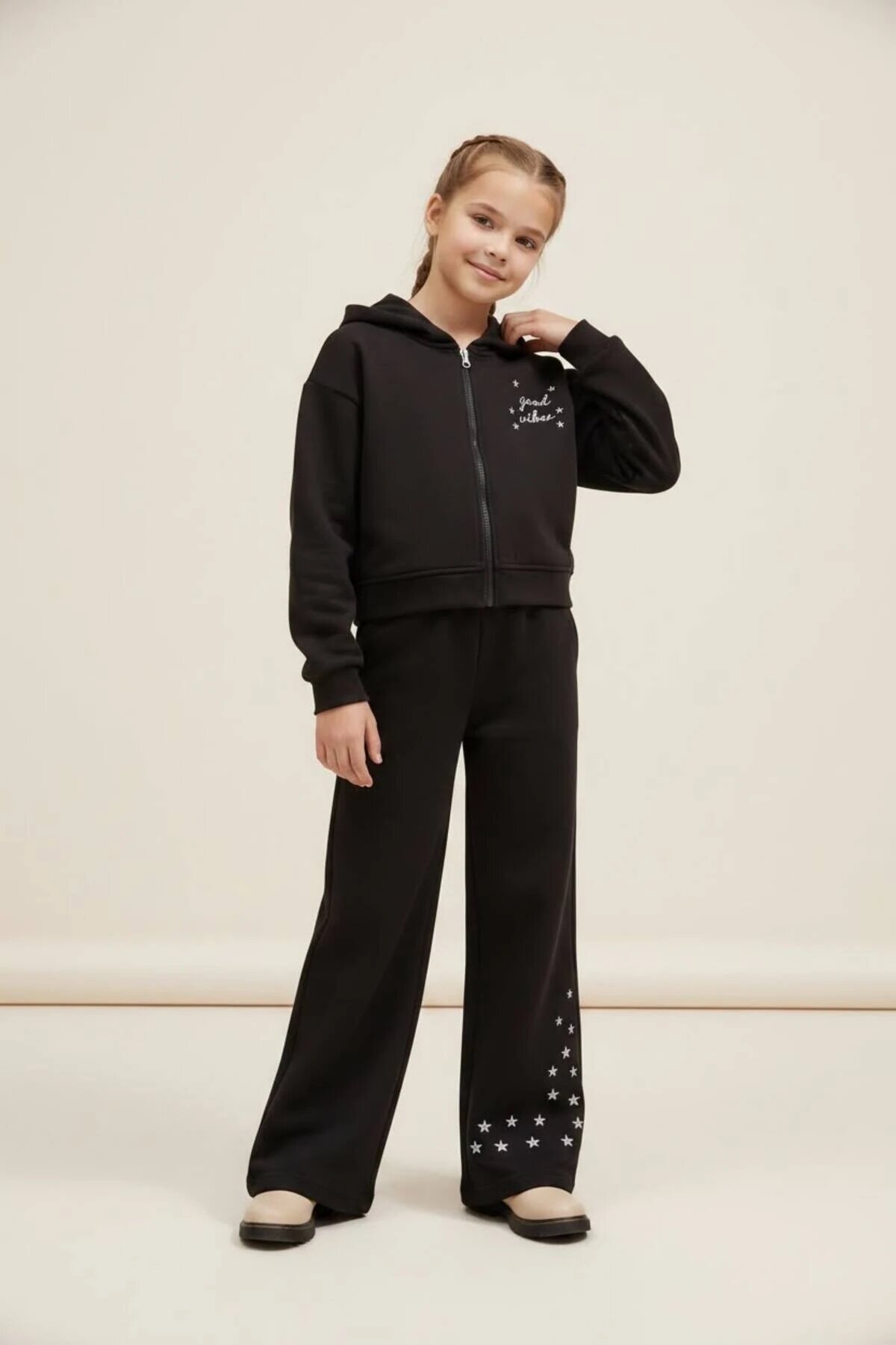 Hooded Star-Embroidered Zip-up Tracksuit Set - Black - Pafim Kids