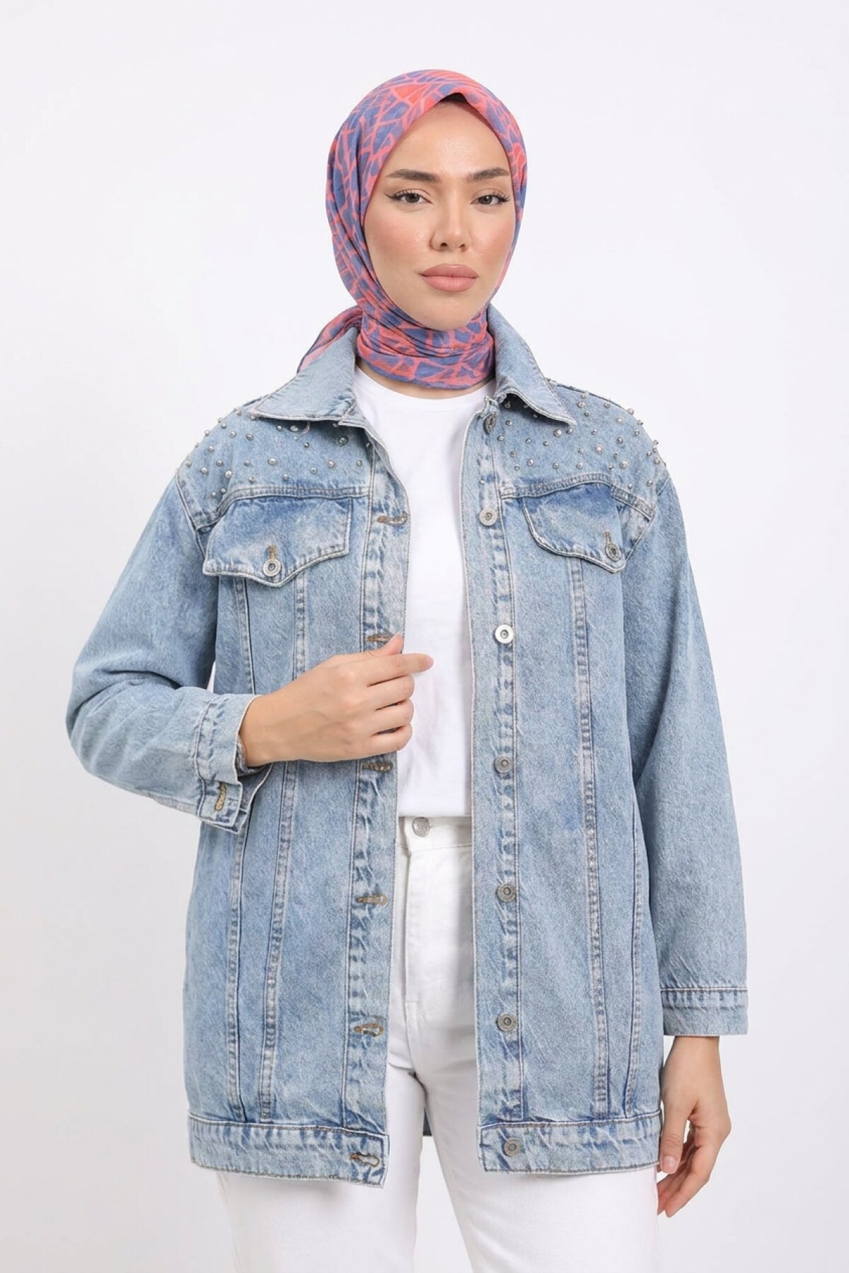 Açık Mavi Taş İşlemeli Denim Kot Ceket - Shirosa