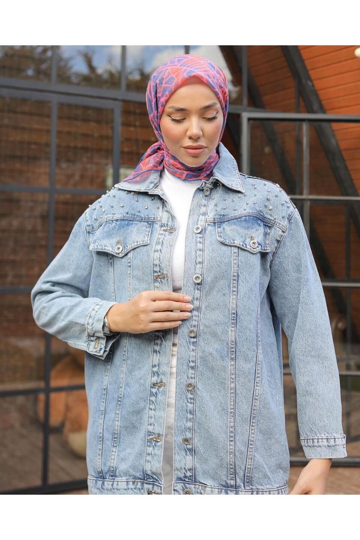 Açık Mavi Taş İşlemeli Denim Kot Ceket - Shirosa