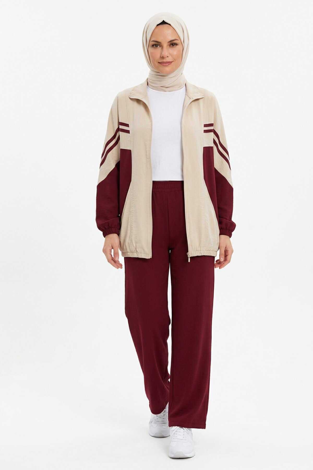 Piping-Detail Modest Co-ord Set - Burgundy - Shirosa