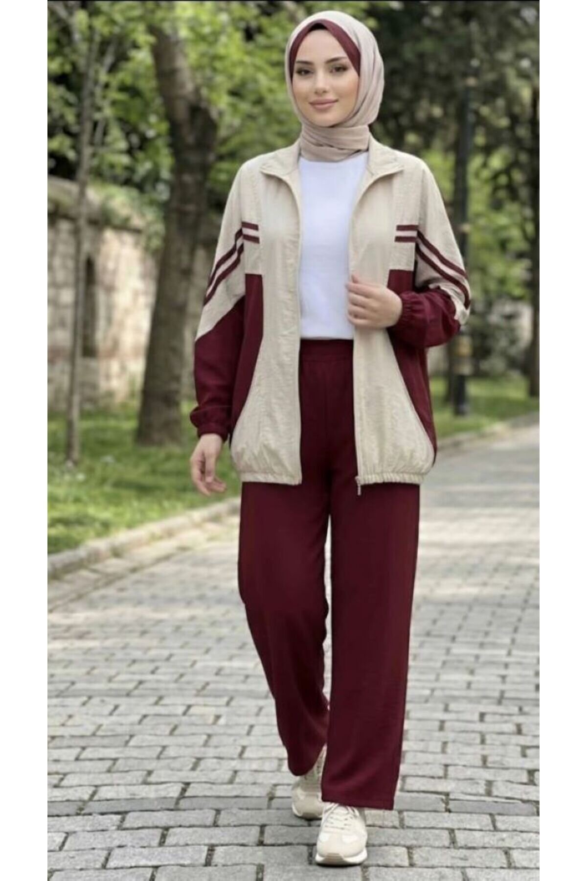 Piping-Detail Modest Co-ord Set - Burgundy - Shirosa