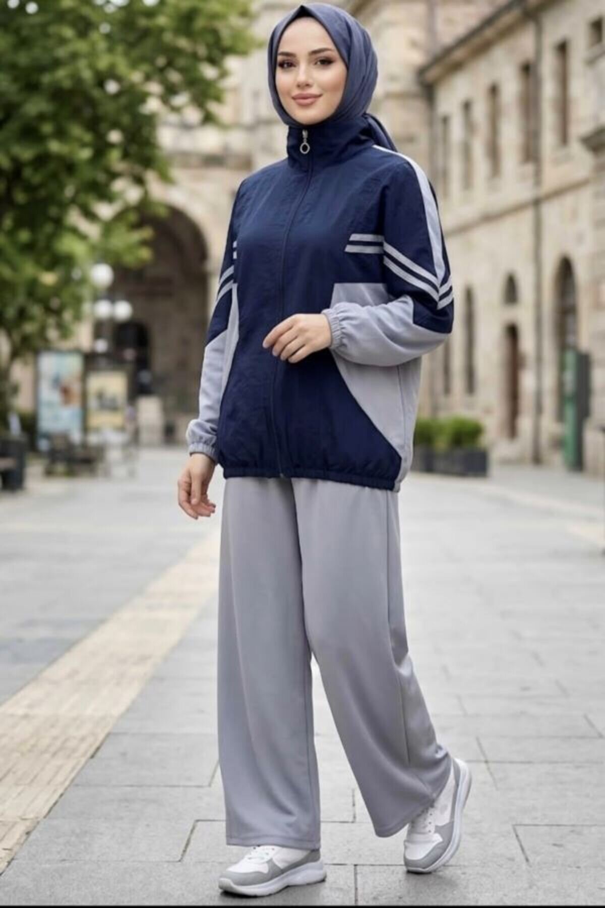 Piping-Detail Modest Co-ord Set - Grey - Shirosa