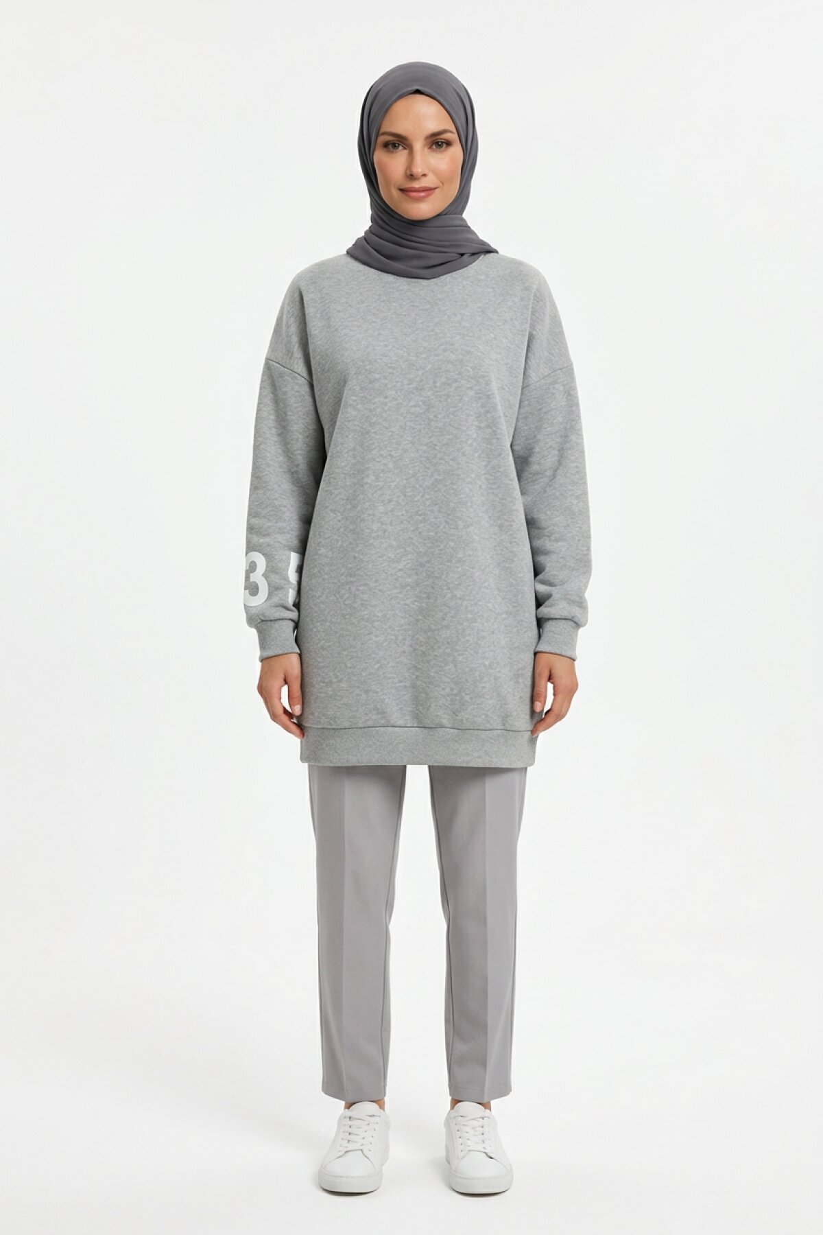 Two-Thread Printed Detail Sweatshirt Tunic - Gray - Shirosa