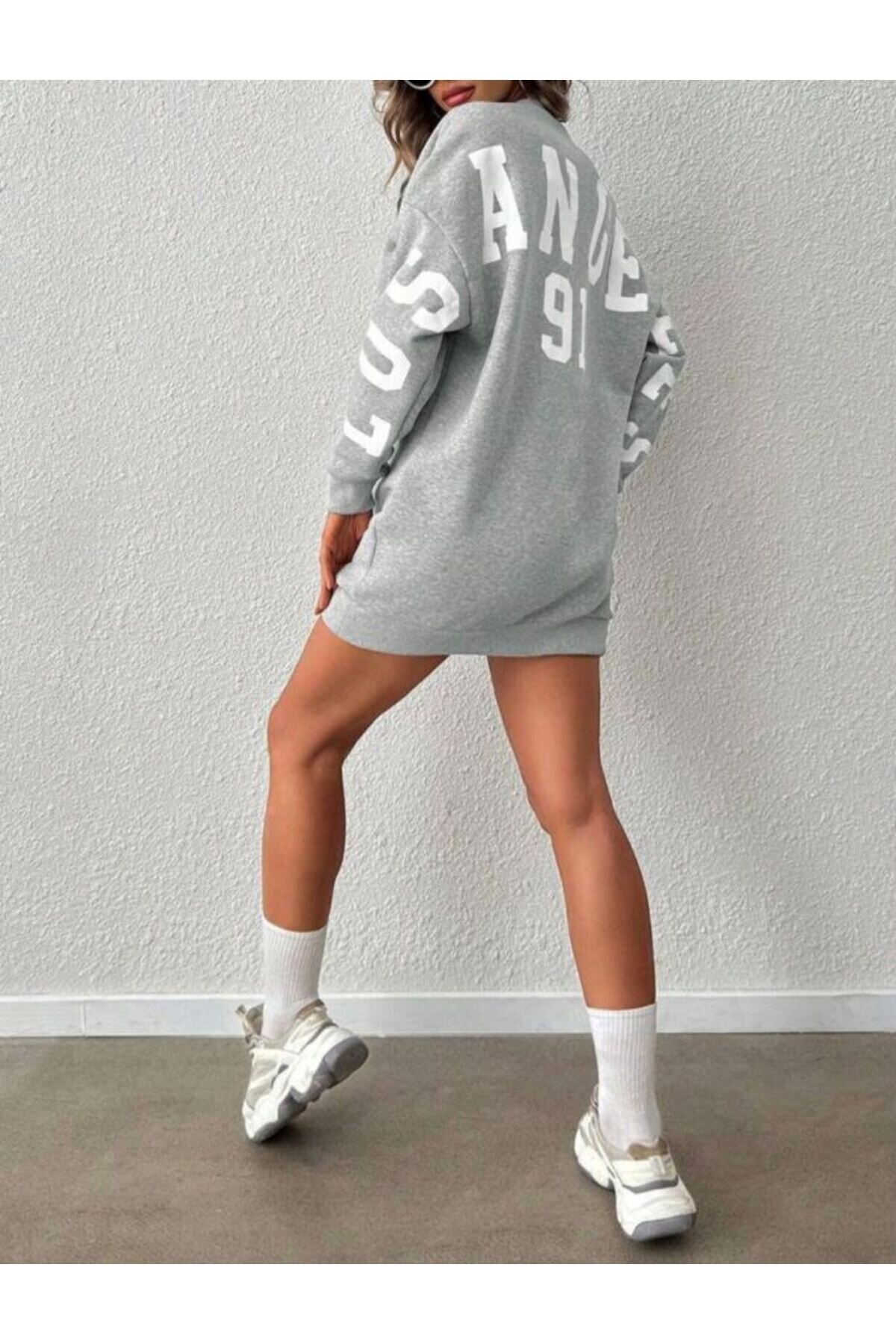 Two-Thread Printed Detail Sweatshirt Tunic - Gray - Shirosa