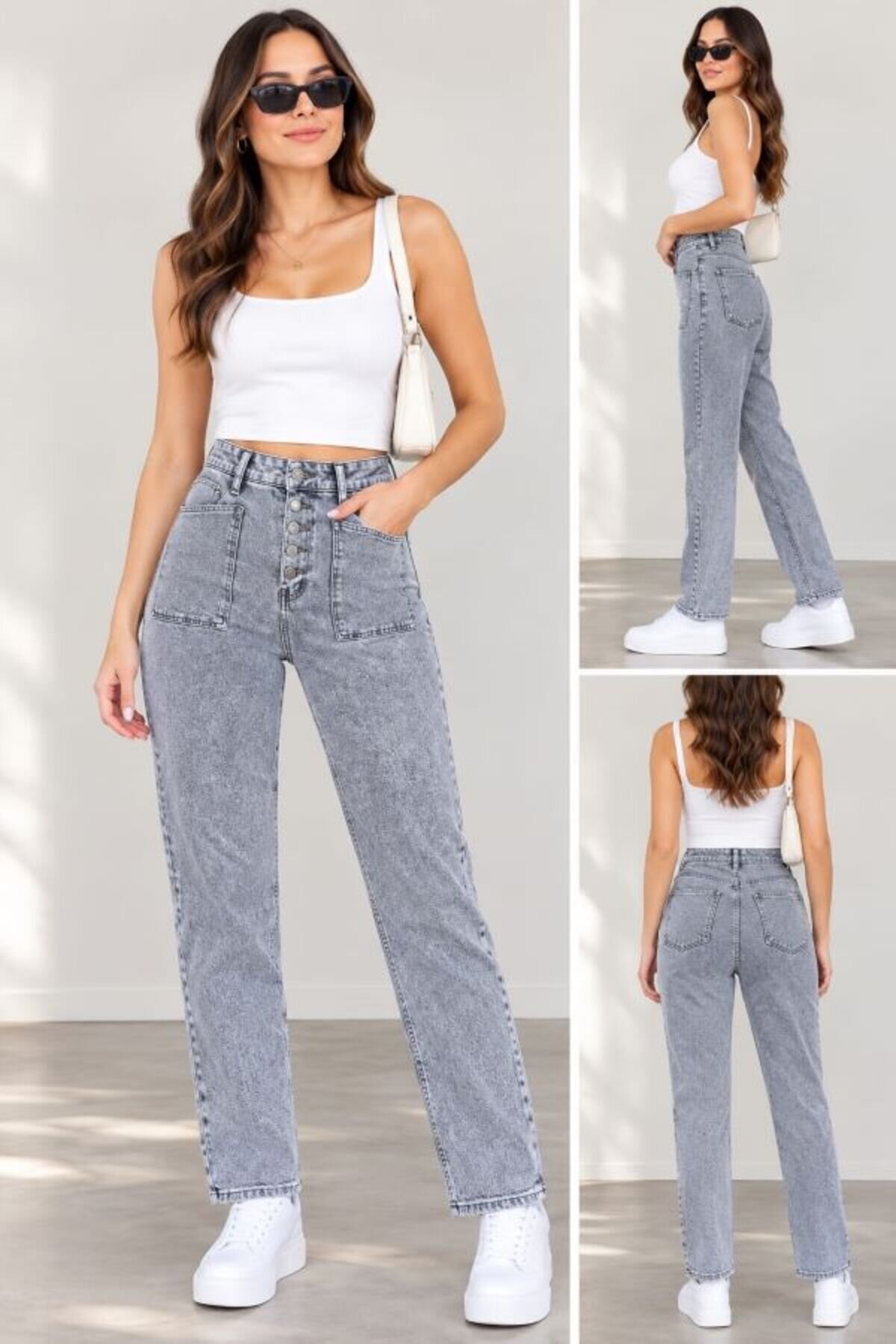 Mom Fit Appliqué Pocket Denim Pants - Grey - Shirosa