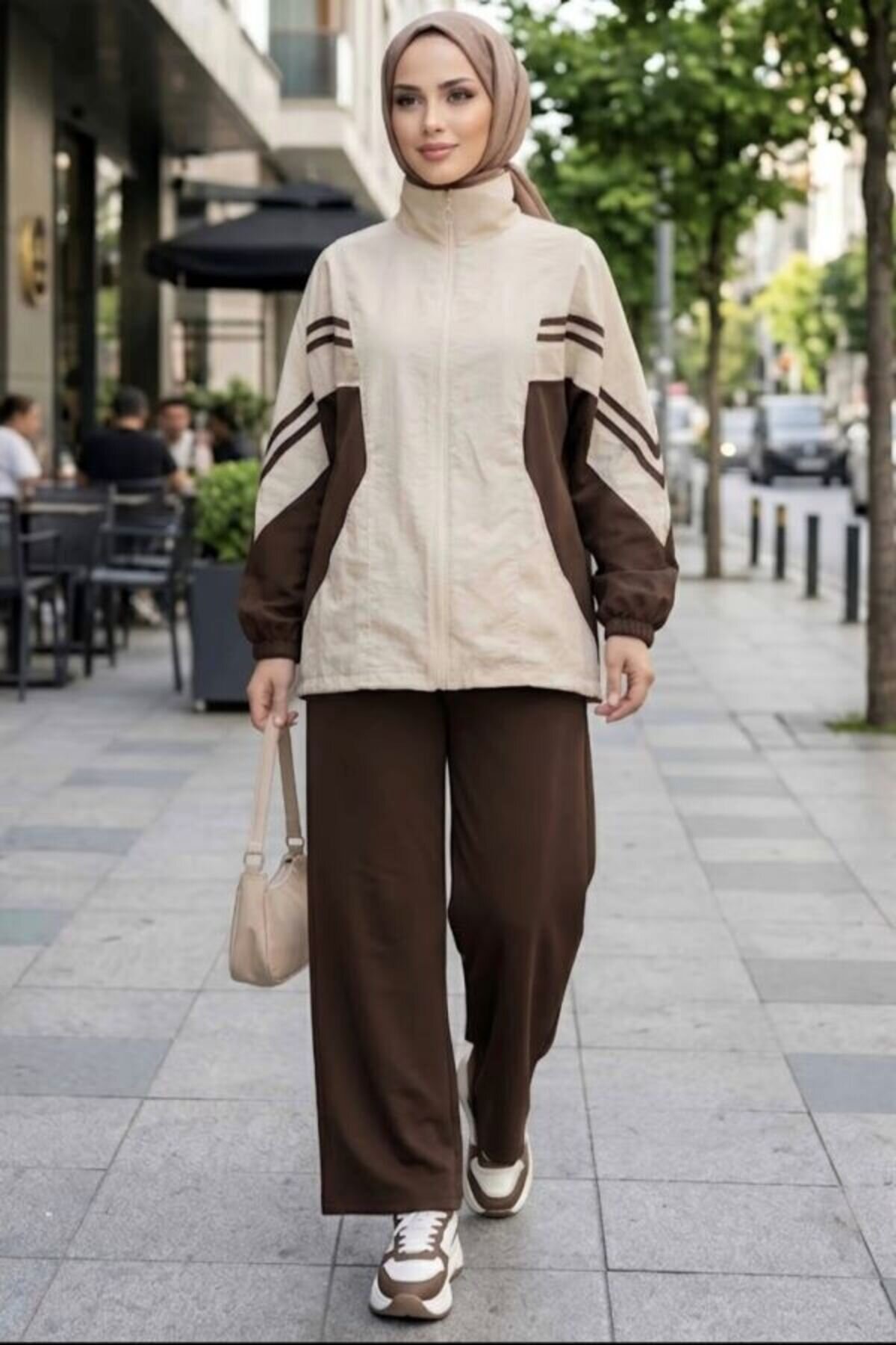 Piping-Detail Modest Co-ord Set - Brown - Shirosa