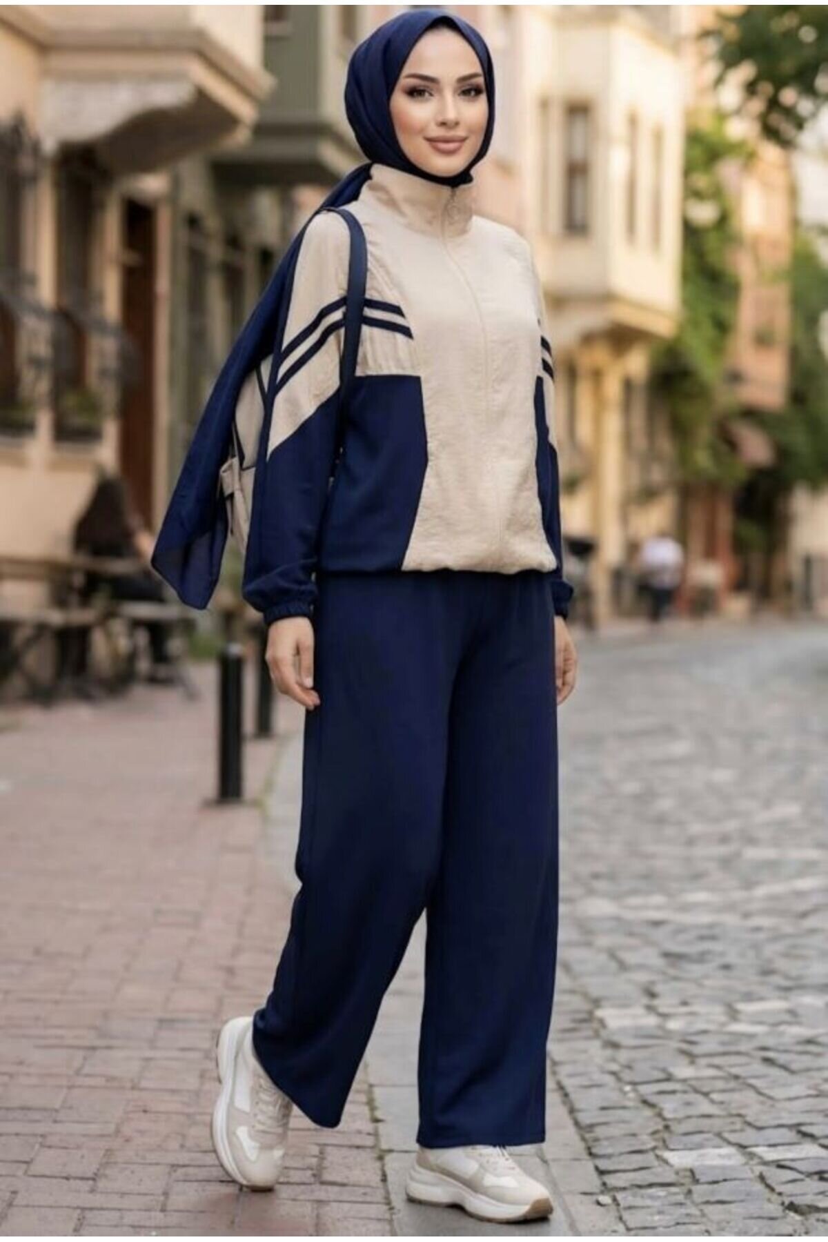 Piping-Detail Modest Co-ord Set - Navy Blue - Shirosa