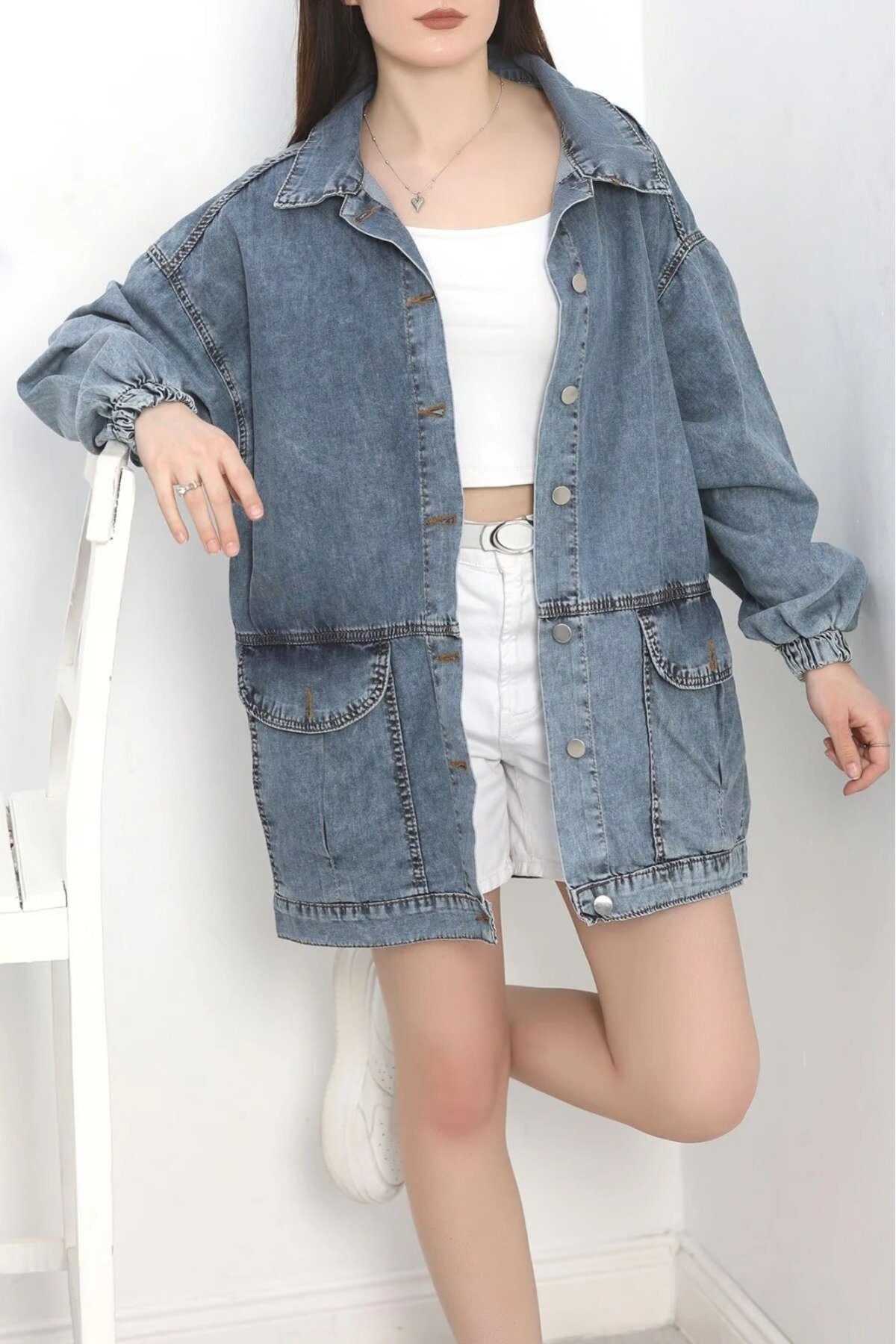 Lacivert Oversize Körüklü Cepli Denim Ceket - Shirosa